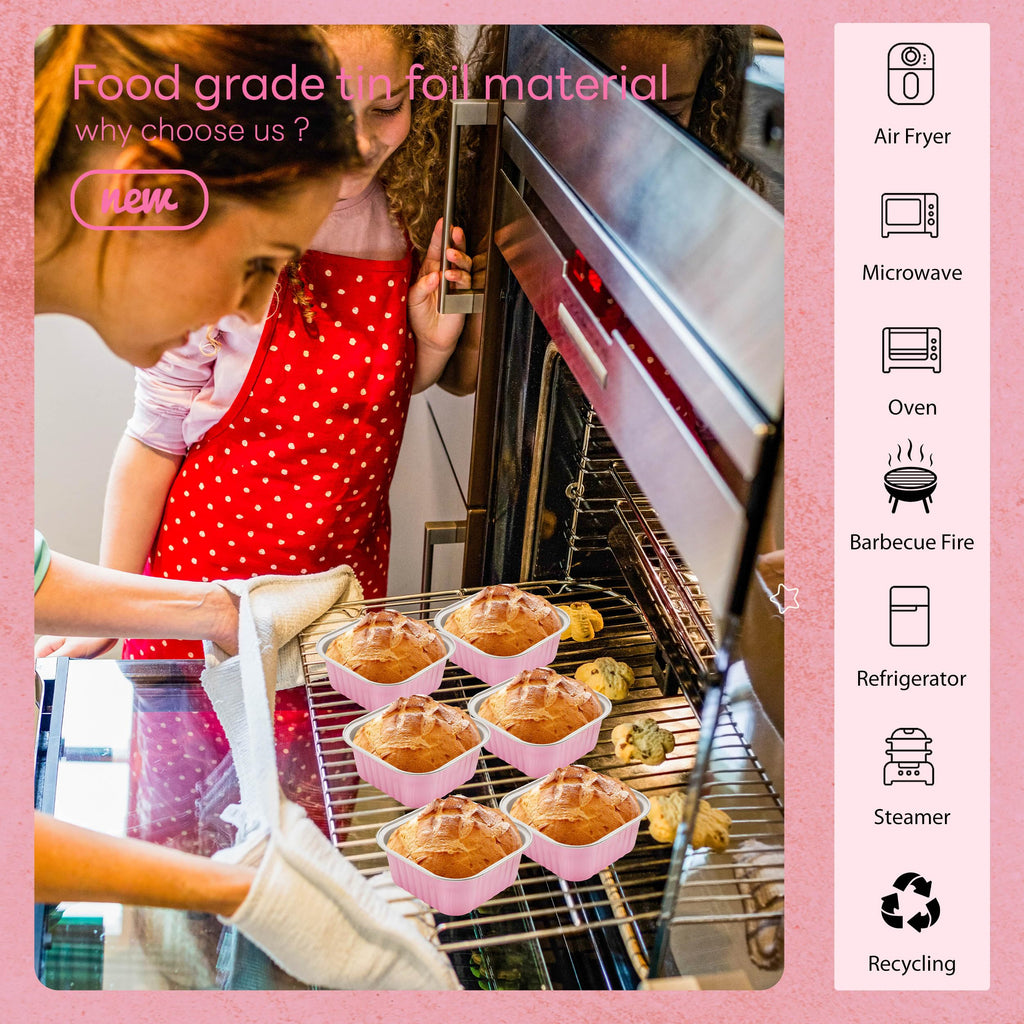 50 Pcs Mini Cake Pans with Lids and Spoons Aluminum Foil Mini Square Baking Cups with Lids Disposable Ramekins Cake Pans Dessert Cups for Wedding Birthday Party(Pink,5oz)