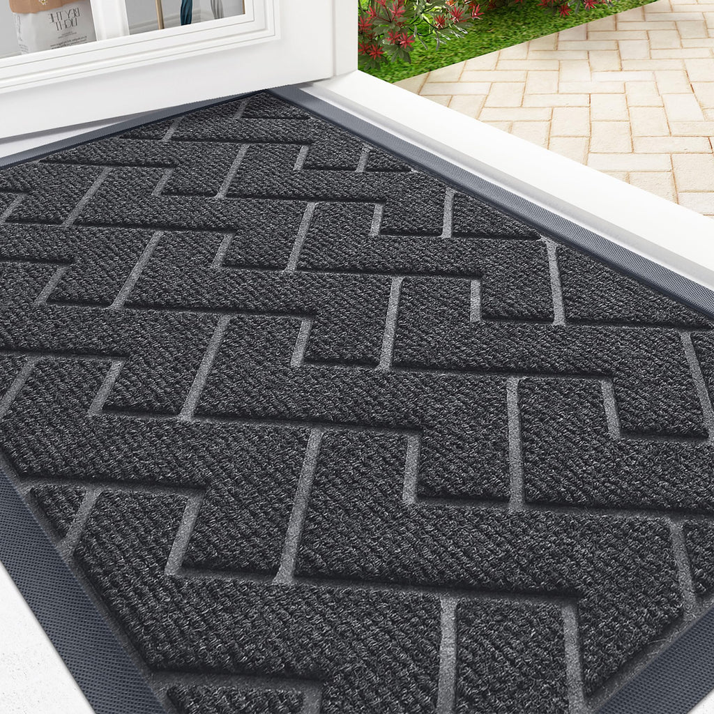 OLANLY Front Door Mat Indoor Outdoor Entrance, Waterproof All-Season, All-Weather Doormat, Sturdy Natural Rubber, Fade Resistant, Low Profile, Easy Clean Patio Porch Entryway Mat, 29.5x17, Black