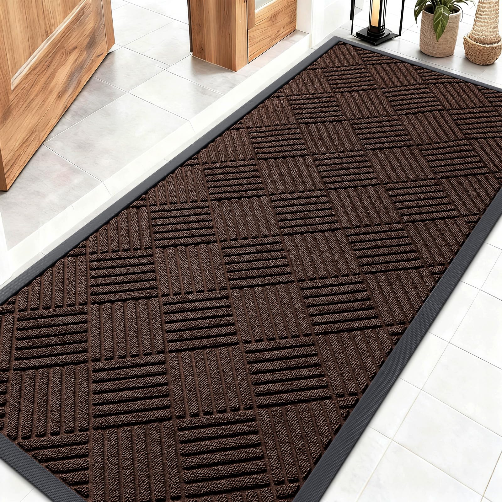 OLANLY Front Door Mat Outside Entrance 29.5x17, Absorbent, Heavy Duty Sturdy Natural Rubber Doormat Indoor Outdoor, Stain and Fade Resistant, Non-Slip Low Profile Floor Mat for Entryway, Grey Diamond