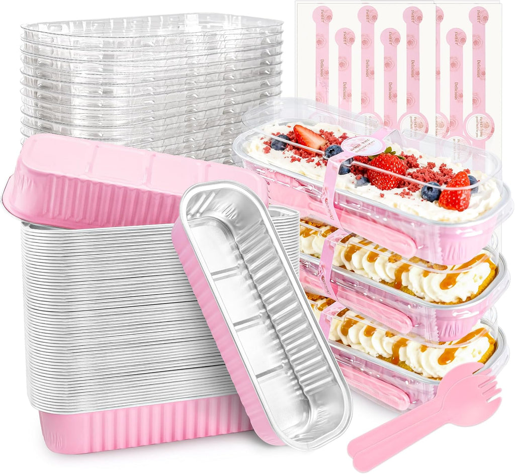 50 PACK Mini Cake Pans with Lids and Spoons,Rectangular Aluminum Foil Bread Pan,Mini Loaf Pans and Food Containers with Lids(Pink,6.8oz)