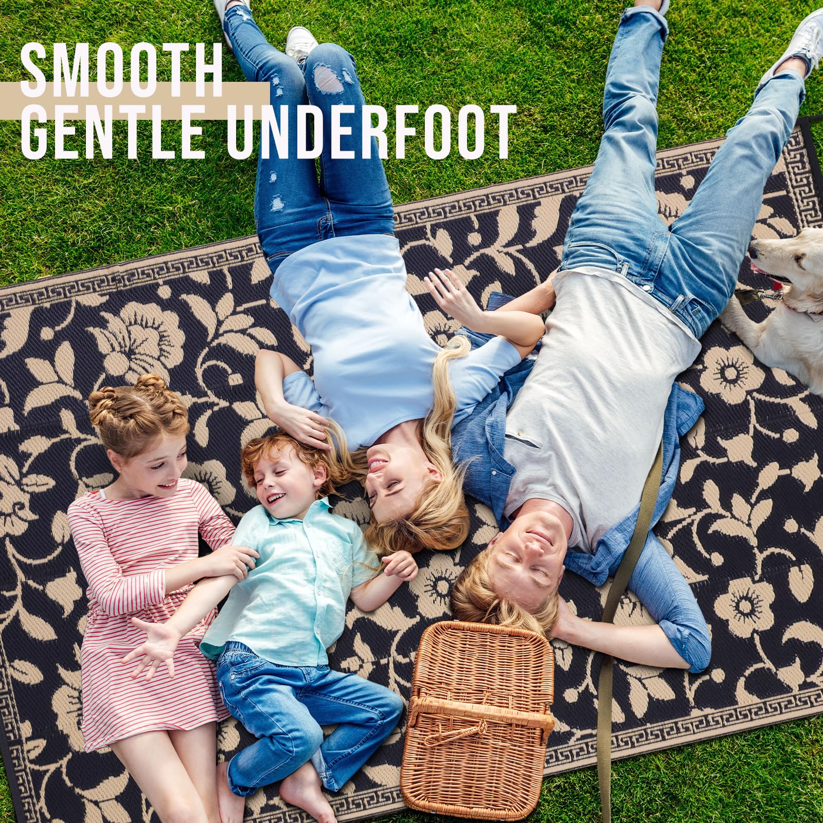 OLANLY Waterproof Outdoor Rug 5x8 ft, Outdoor Plastic Straw Rug with Flower Pattern, Reversible RV Mat for Patio, Camping, Balcony, Deck, Backyard, Navy & White