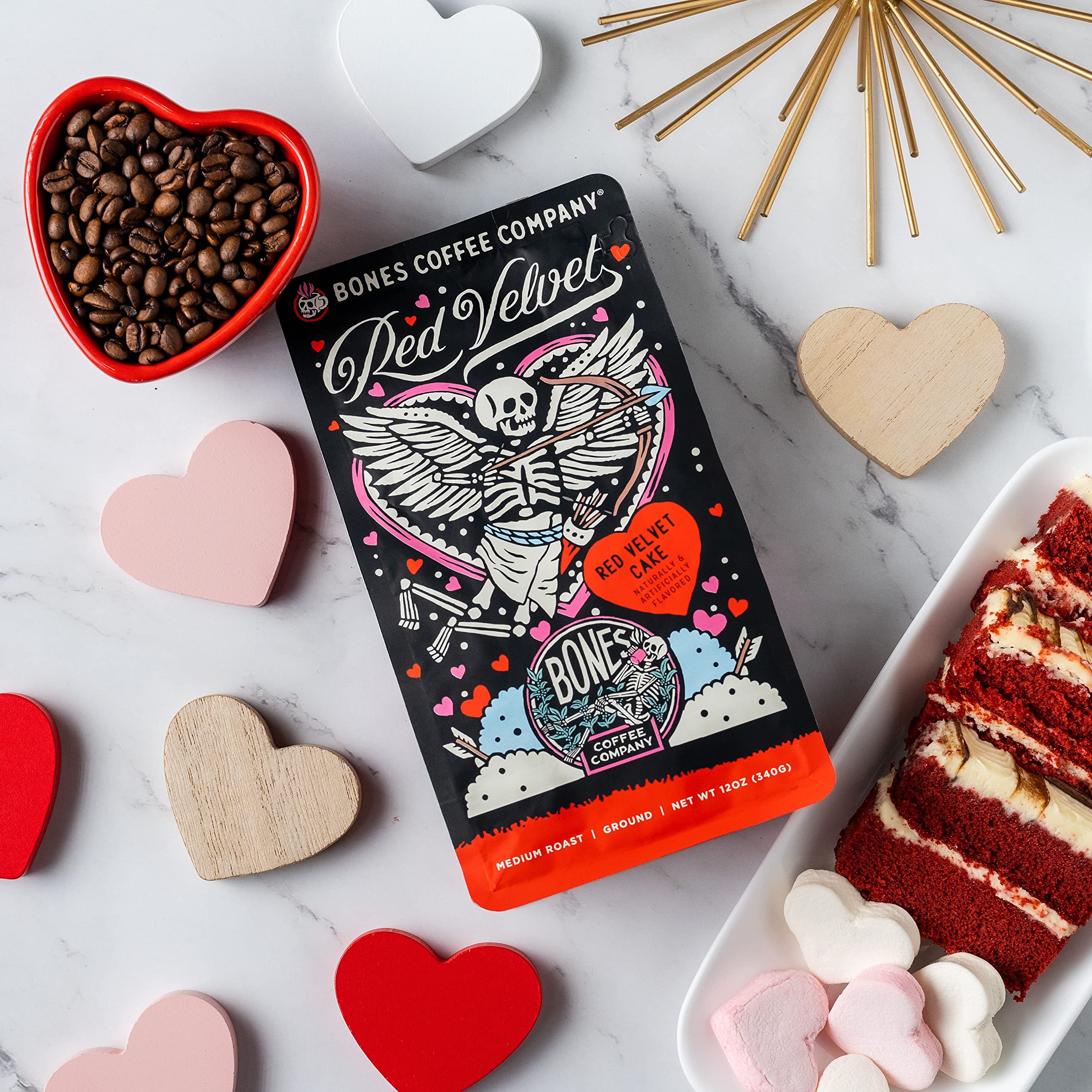 Bones Coffee Company Salty Siren, Sea Salted Caramel Chocolate Flavored Coffee, Medium Roast Low Acid Arabica Beans Compatible with Auto drip and French Press Coffee Maker, 12 Oz Whole Bean
