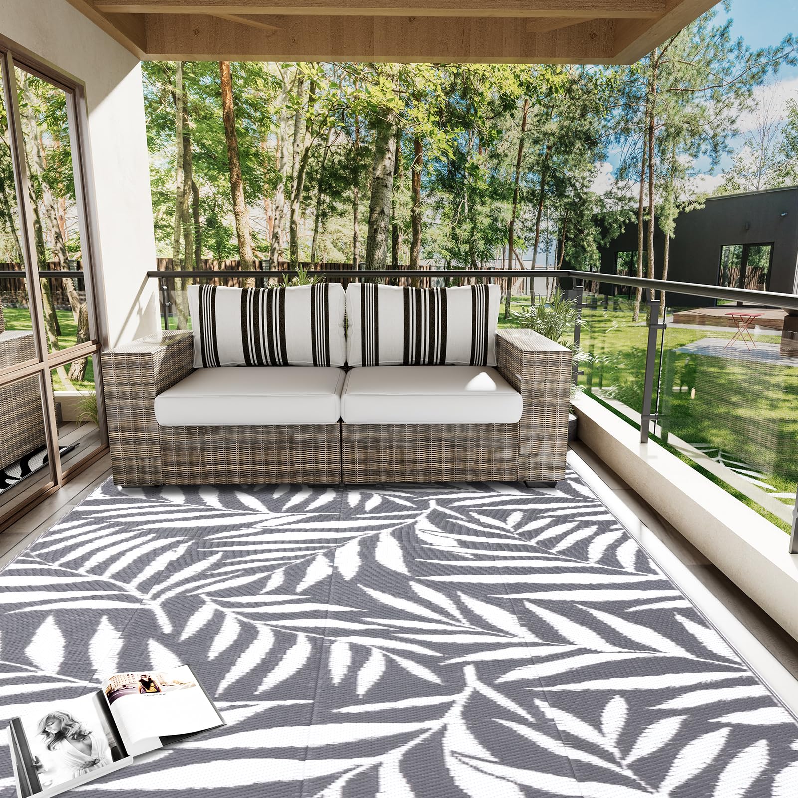 OLANLY Waterproof Outdoor Rug 5x8 ft, Reversible Outdoor Plastic Straw Rug with Leaf Pattern, RV Mat, Indoor Outdoor Carpet for Patio, Camping, Balcony, Deck, Backyard, Grey & White