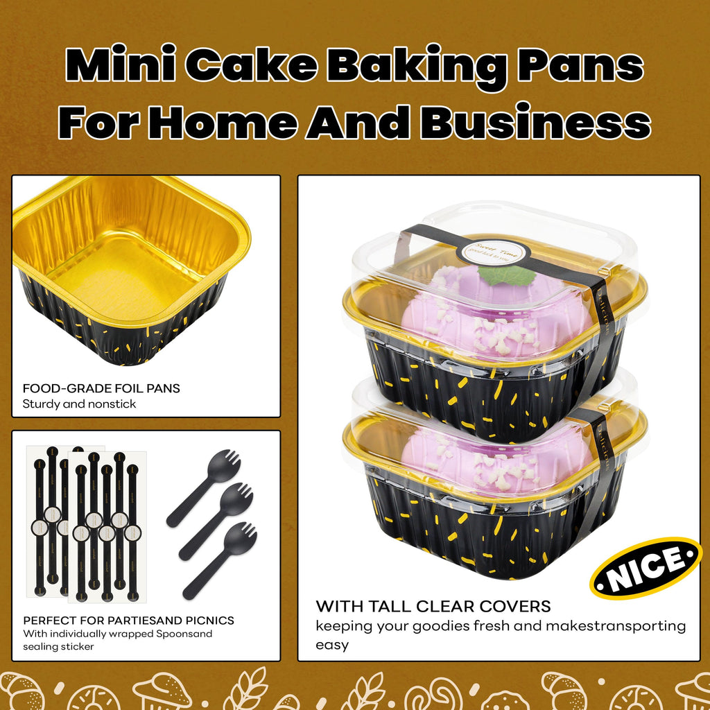50 Pcs Mini Cake Pans with Lids and Spoons Aluminum Foil Mini Square Baking Cups with Lids Disposable Ramekins Cake Pans Dessert Cups for Wedding Birthday Party(Pink,5oz)