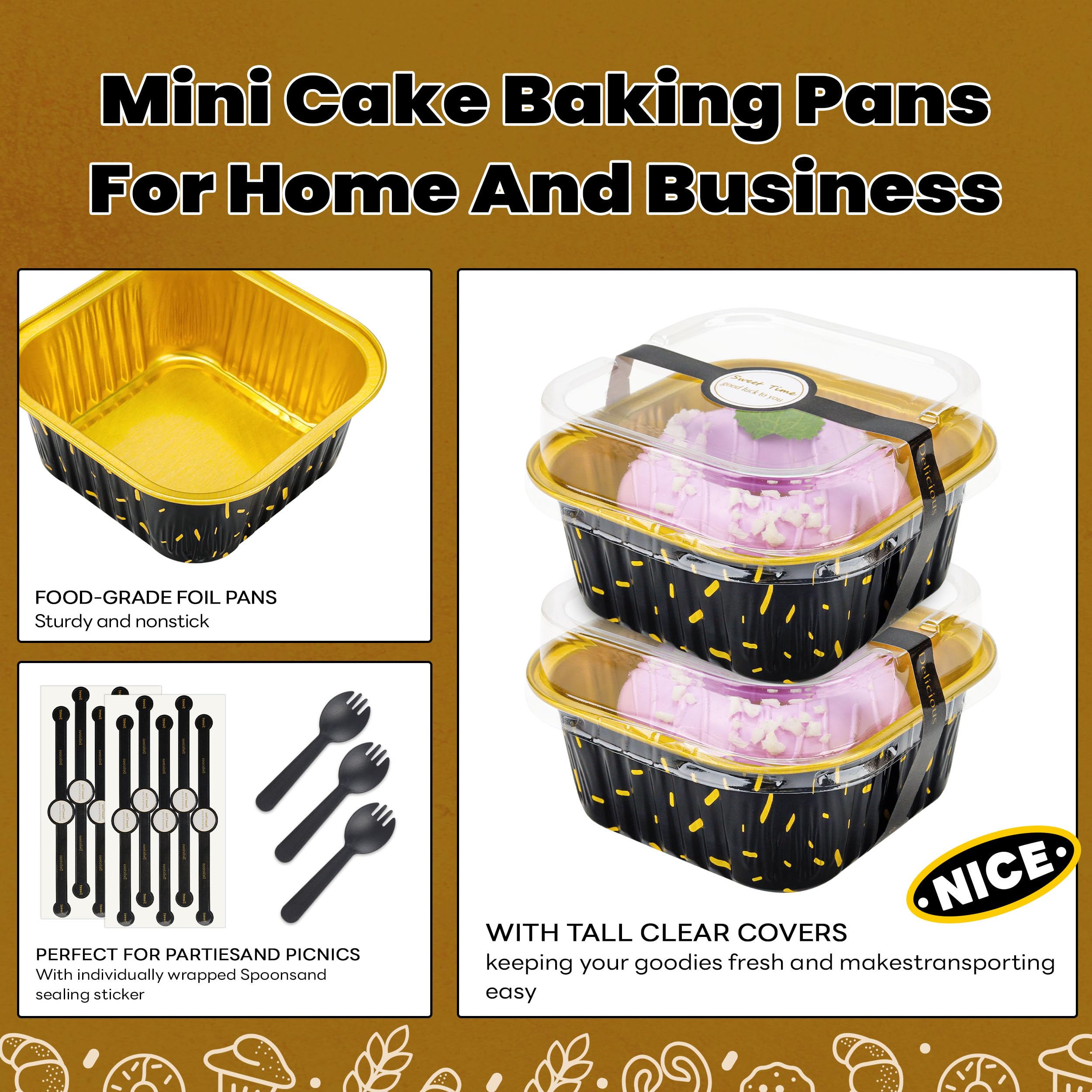 50 Pcs Mini Cake Pans with Lids and Spoons Aluminum Foil Mini Square Baking Cups with Lids Disposable Ramekins Cake Pans Dessert Cups for Wedding Birthday Party(Pink,5oz)