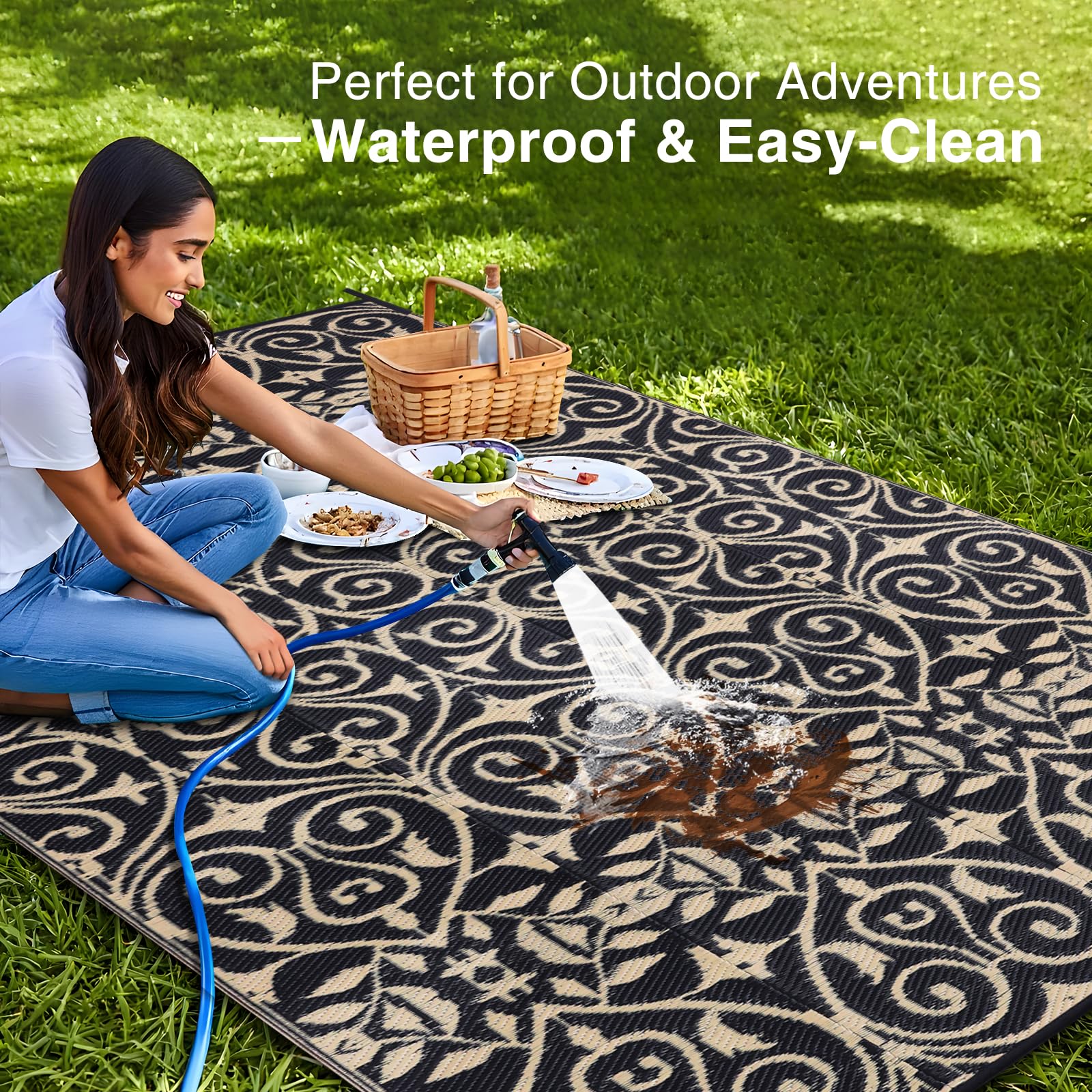 OLANLY Outdoor Rug 5x8 ft Waterproof, Reversible Outdoor Plastic Straw Rug, RV Mat, Indoor Outdoor Carpet Clearance for Patio, Camping, Balcony, Deck, Backyard, Grey & White