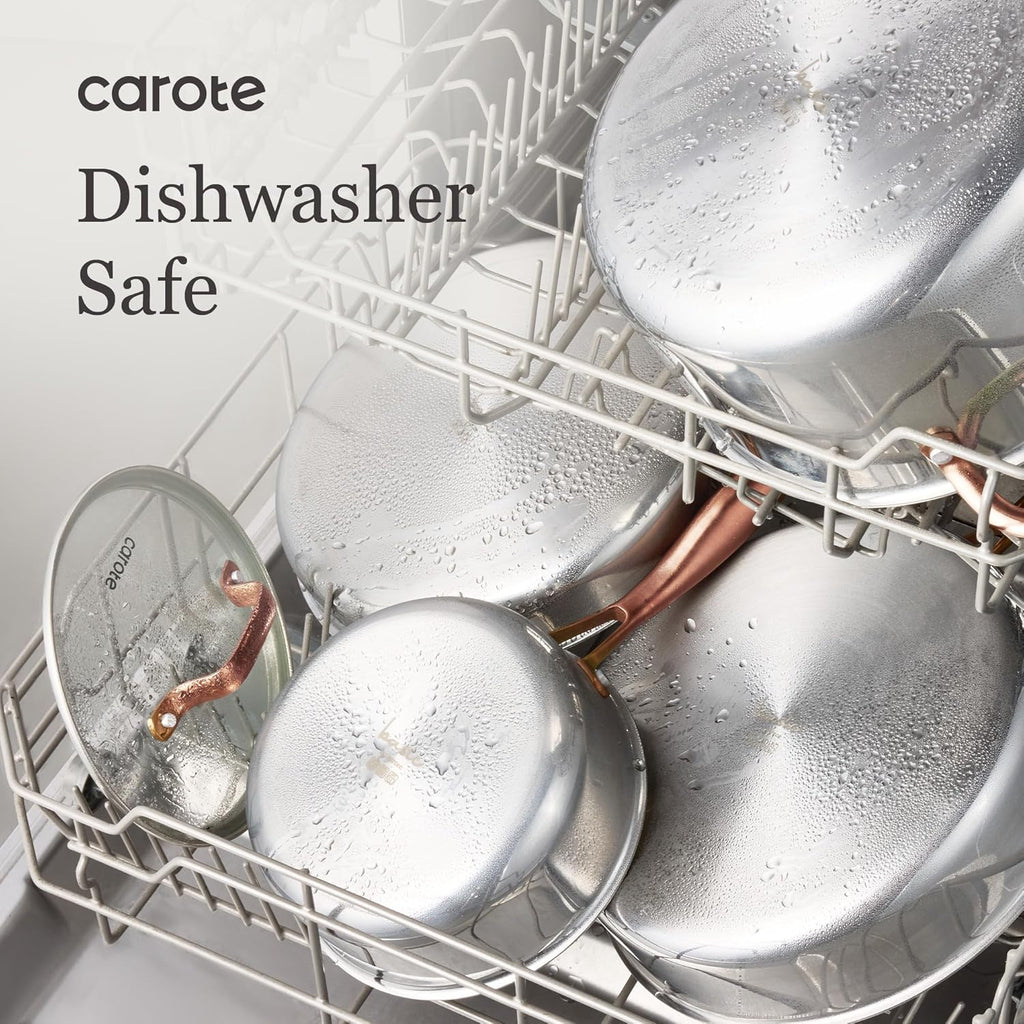 CAROTE 10" Tri-Ply Stainless Steel Deep Frying Pan with Lid, Non-Toxic Saute Pan, Oven Safe, Induction, Ceramic and Gas Cooktops Compatible, Silver