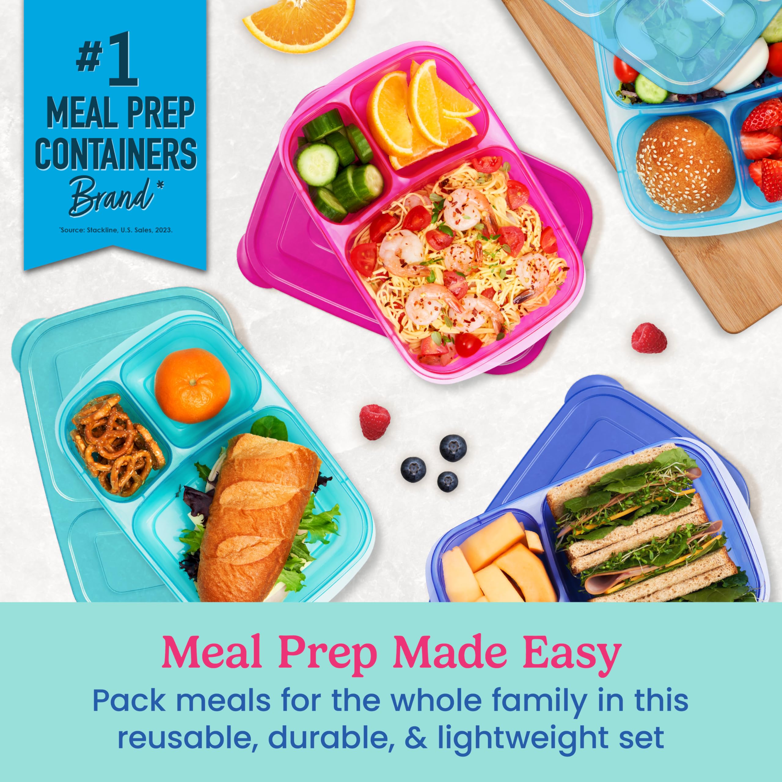 Bentgo Easyboxes - Original Stackable Lunch Boxes - Reusable 3-Compartment Food Containers for Kids and Adults - Bento Lunch Box for Meal Prep, School, & Work - BPA Free, Set of 4 (Classic)