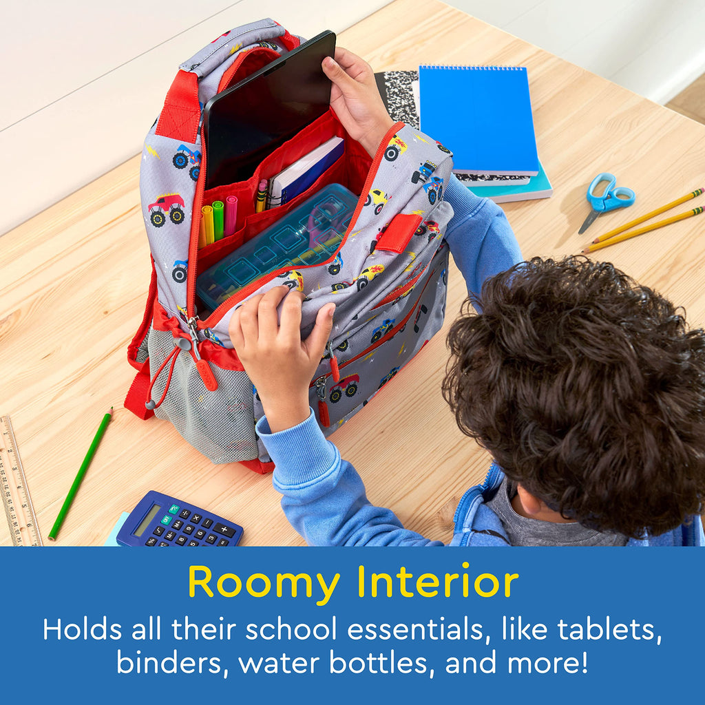 Bentgo Kids Backpack - Lightweight 14” Backpack in Fun Prints for School, Travel, & Daycare, Ideal for Ages 4+, Roomy Interior, Durable & Water-Resistant Fabric, & Loop for Lunch Bag (Trucks)