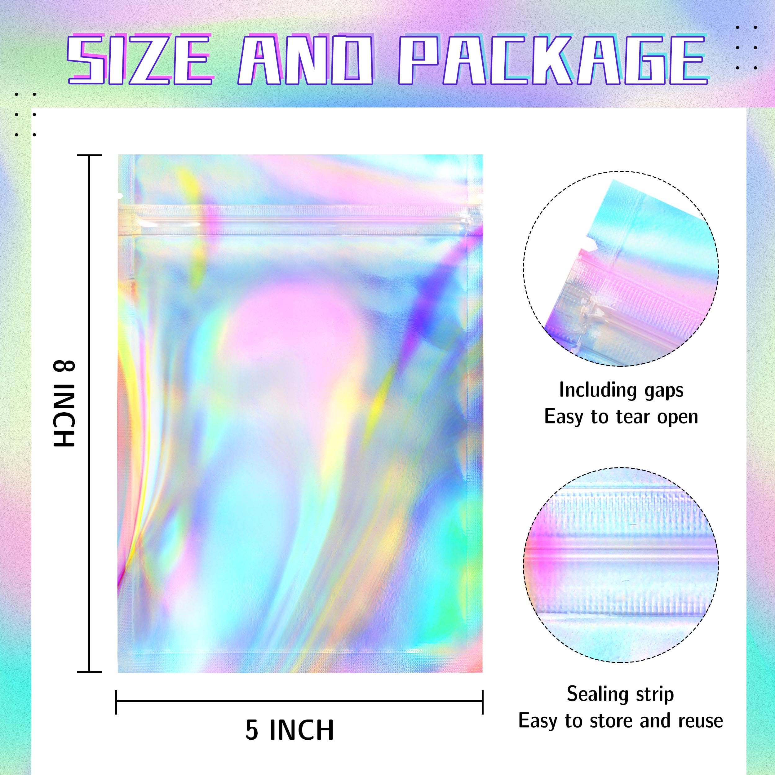 Holographic Mylar Bags Resealable Smell Proof Bags for lip gloss, Jewelry, Lash Candy and More - Small Business Packaging Supplies(100PACK, 3x9INCH)