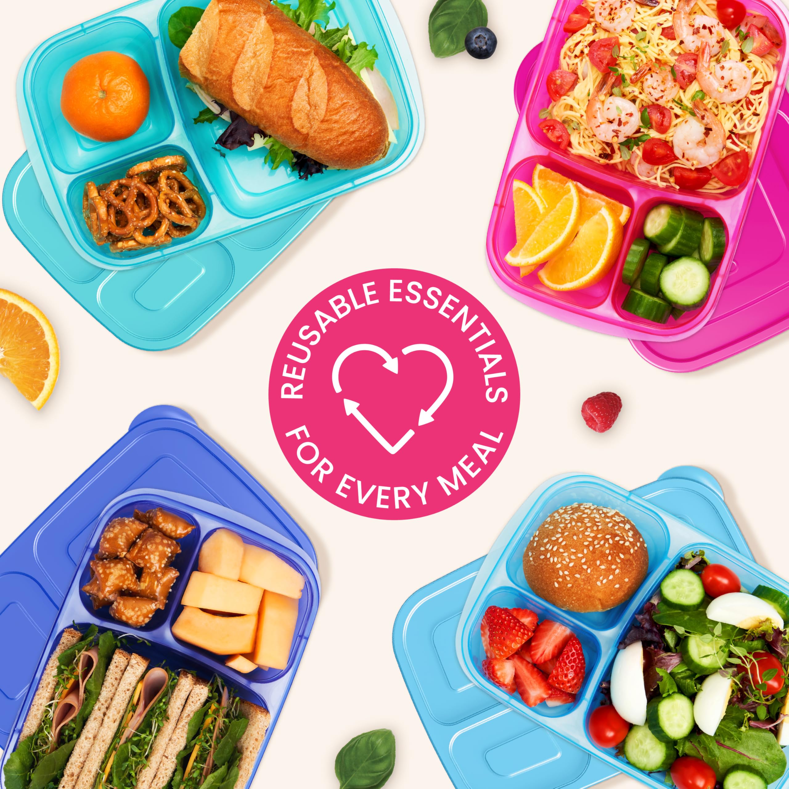 Bentgo Easyboxes - Original Stackable Lunch Boxes - Reusable 3-Compartment Food Containers for Kids and Adults - Bento Lunch Box for Meal Prep, School, & Work - BPA Free, Set of 4 (Classic)