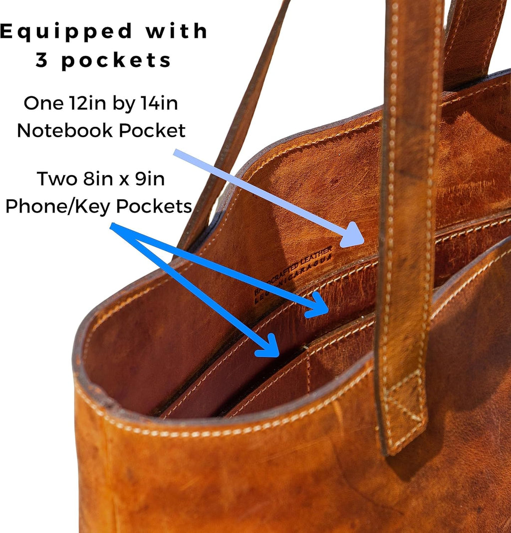 Handcrafted Leather Tote Bag with Laptop sleeve + 2 Pockets | Women's Leather Shoulder Bag