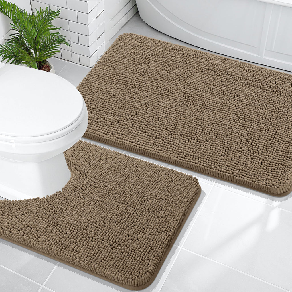 OLANLY Bathroom Rugs Sets 2 Piece, Soft Absorbent Chenille Bath Mats and U-Shaped Contour Toilet Mat Area Rug Set, Machine Washable Bath Carpet, Home Decor Accessories(30"x20"+24"x20", Grey)