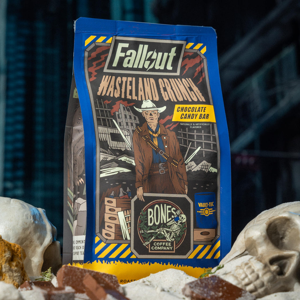 Bones Coffee Company Fallout Rocky Route 66, Rocky Road Flavored Coffee, Medium Roast Low Acid Arabica Beans Compatible with Auto drip and French Press Coffee Maker, 12 Oz Ground
