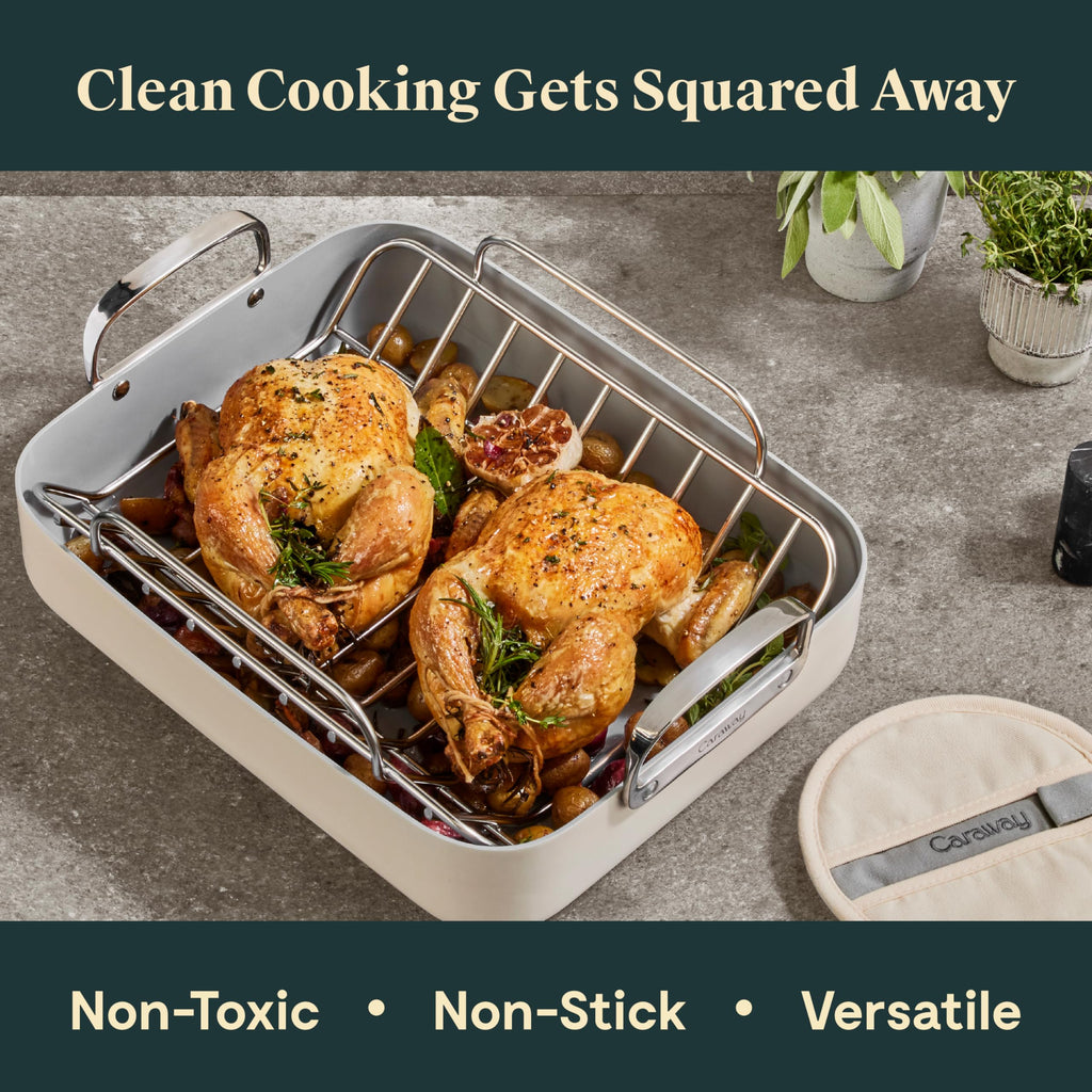 Caraway Roasting Pan - 16x13” Roasting Pan with Rack - Non-Stick Ceramic Coated - Non Toxic, PTFE & PFOA Free - Oven Safe & Compatible with All Stovetops - Cream