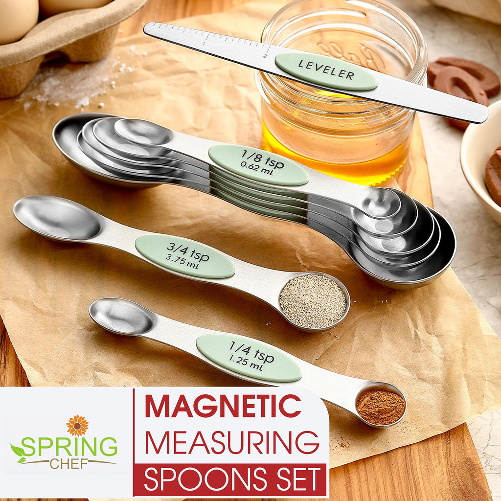 Spring Chef Stainless Steel Magnetic Measuring Spoons Set with Strong N45 Magnets, Heavy Duty Metal Kitchen Gadgets for Baking & Cooking, Fits in Most Kitchen Spice Jars, Set of 8 with Leveler, Black