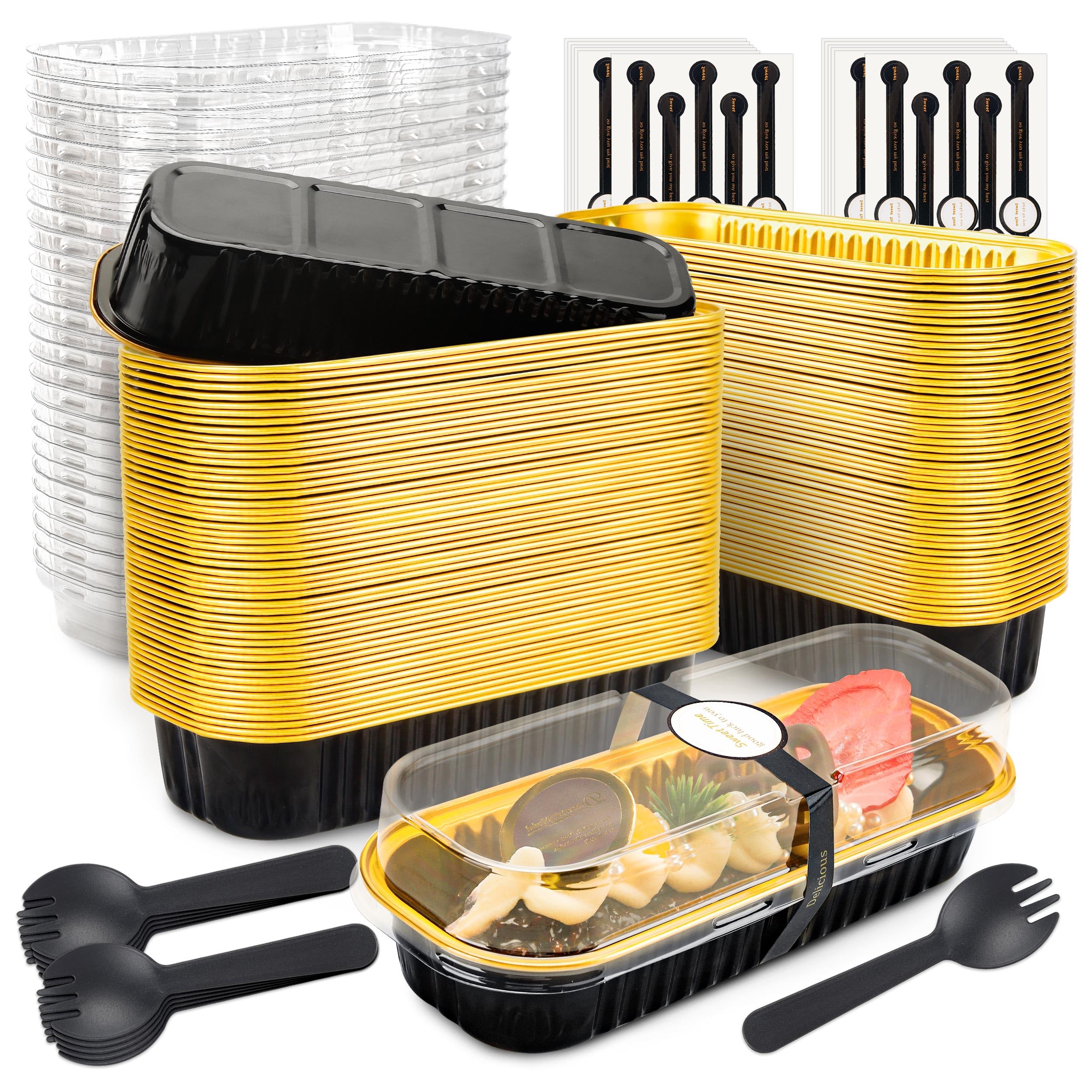 Mini Loaf Pans with Lids and Spoons Rectangular Aluminum Foil Baking Pans Mini Cheesecake Containers 6.8oz(60 Pack, Pink)