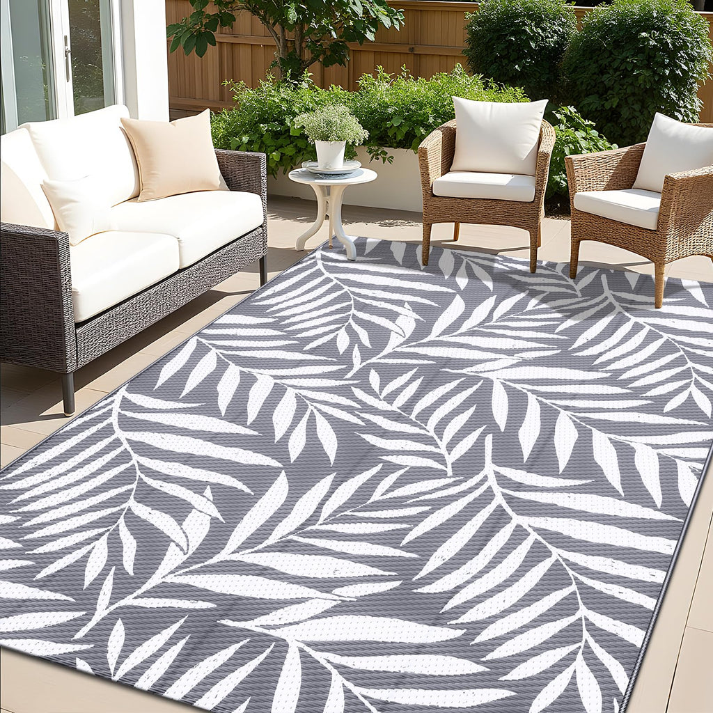 OLANLY Waterproof Outdoor Rug 5x8 ft, Reversible Outdoor Plastic Straw Rug with Leaf Pattern, RV Mat, Indoor Outdoor Carpet for Patio, Camping, Balcony, Deck, Backyard, Grey & White