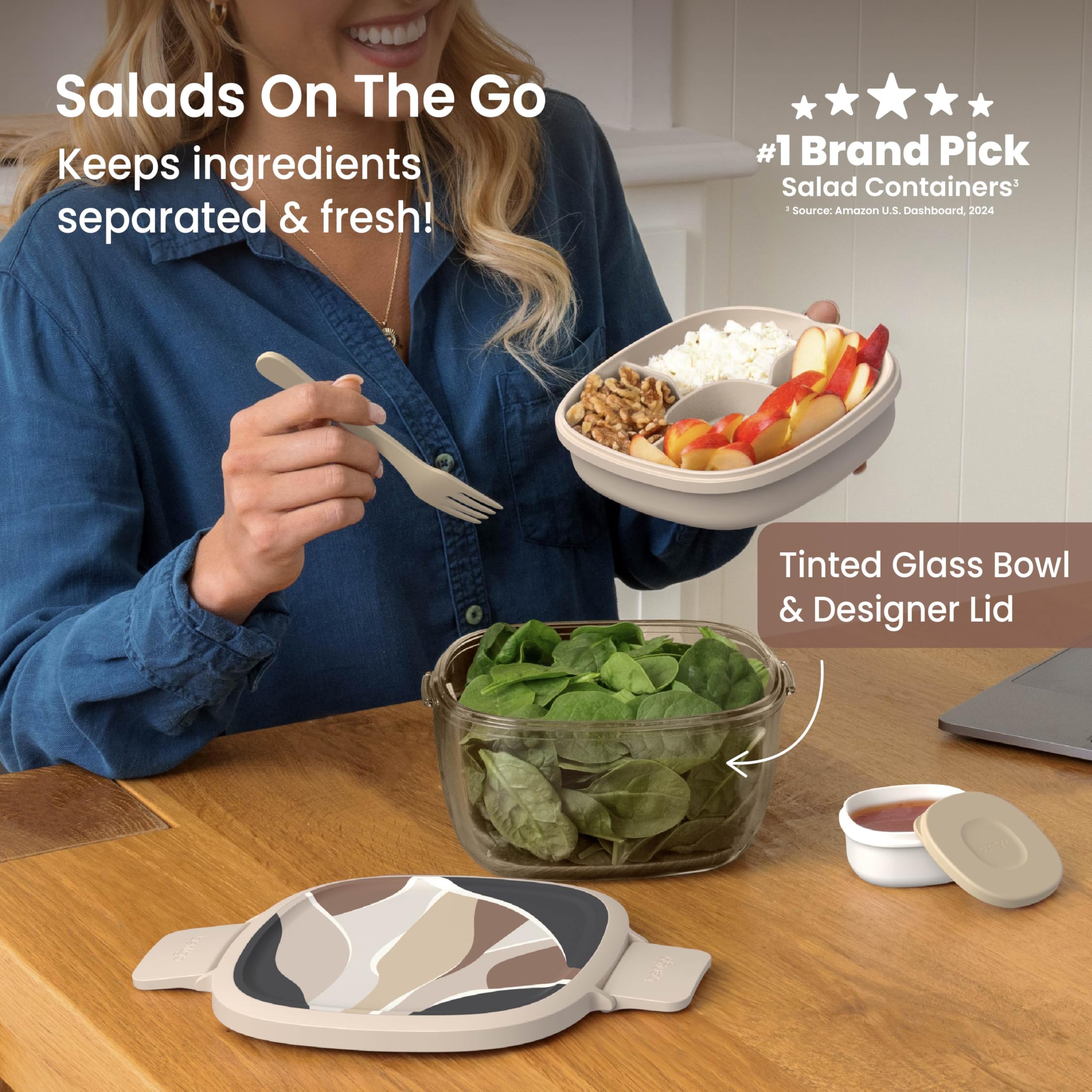 Bentgo Glass Salad Container - 7.6-Cup Salad Bowl with Airtight Lid, Leak-Proof Sauce Container, 4-Compartment Bento Tray & Reusable Fork - BPA-Free for Meal Prep, Office & More (Lavender)