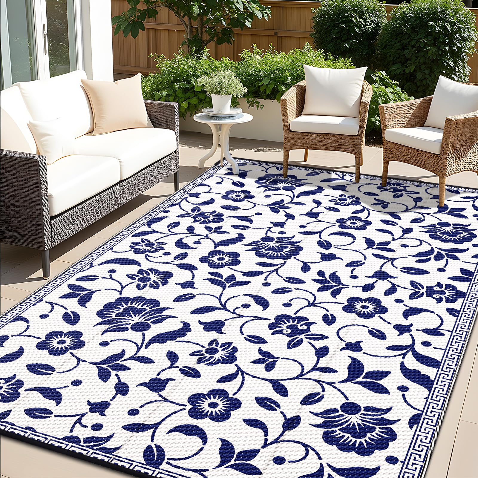 OLANLY Waterproof Outdoor Rug 5x8 ft, Outdoor Plastic Straw Rug with Flower Pattern, Reversible RV Mat for Patio, Camping, Balcony, Deck, Backyard, Navy & White