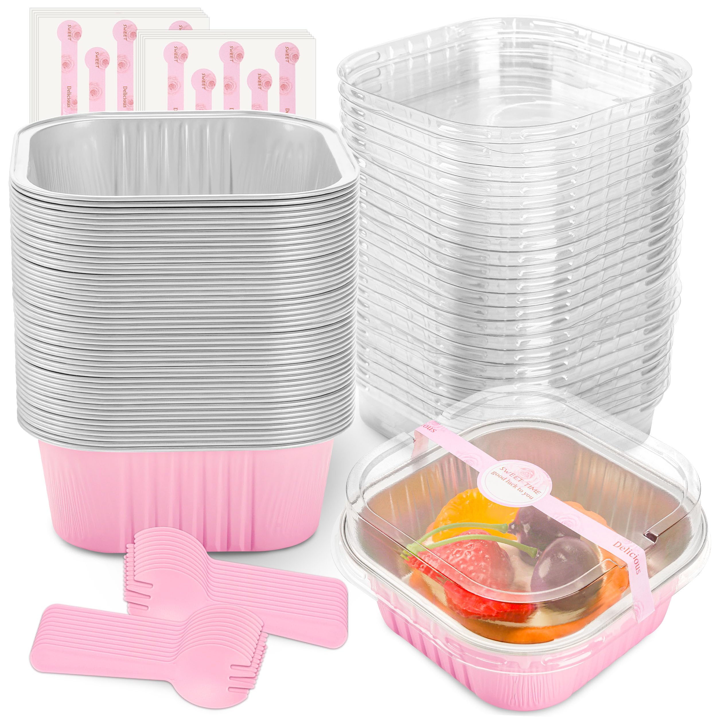 50 Pcs Mini Cake Pans with Lids and Spoons Aluminum Foil Mini Square Baking Cups with Lids Disposable Ramekins Cake Pans Dessert Cups for Wedding Birthday Party(Pink,5oz)