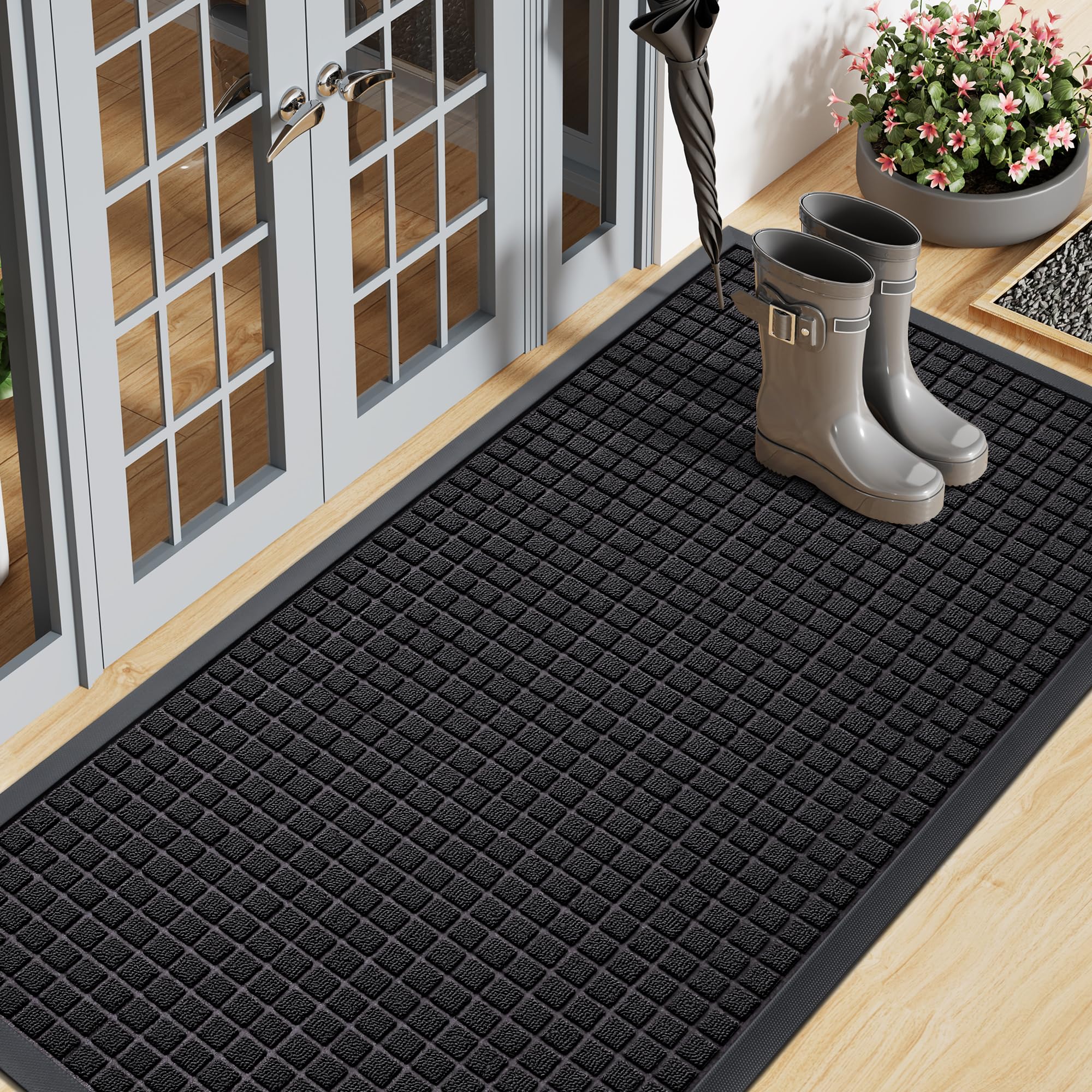 Smiry Front Door Mat Outside Entrance, Heavy Duty Natural Rubber Doormat, Non Slip, Trap Dirt and Moisture, Easy Clean, Low Profile Welcome Floor Mats for Indoor Outdoor Entry, 29.5x17 Inch, Black