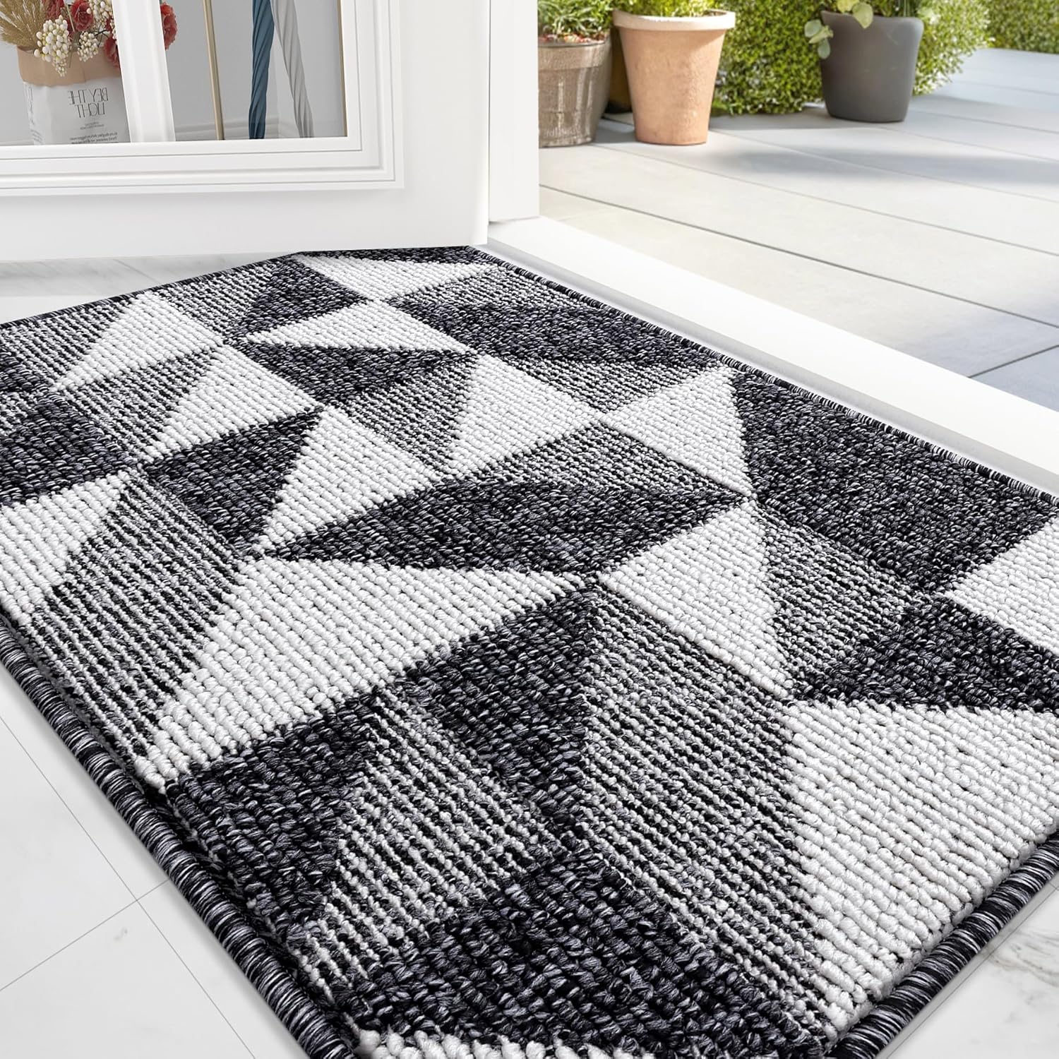 OLANLY Door Mat Indoor Entrance Washable 32x20, Odor-Free Low-Profile Front Back Geometric Doormat, Absorbent Resist Dirt Entry Carpet, Easy to Clean Sturdy Inside Floor Mats for Entryway, Black