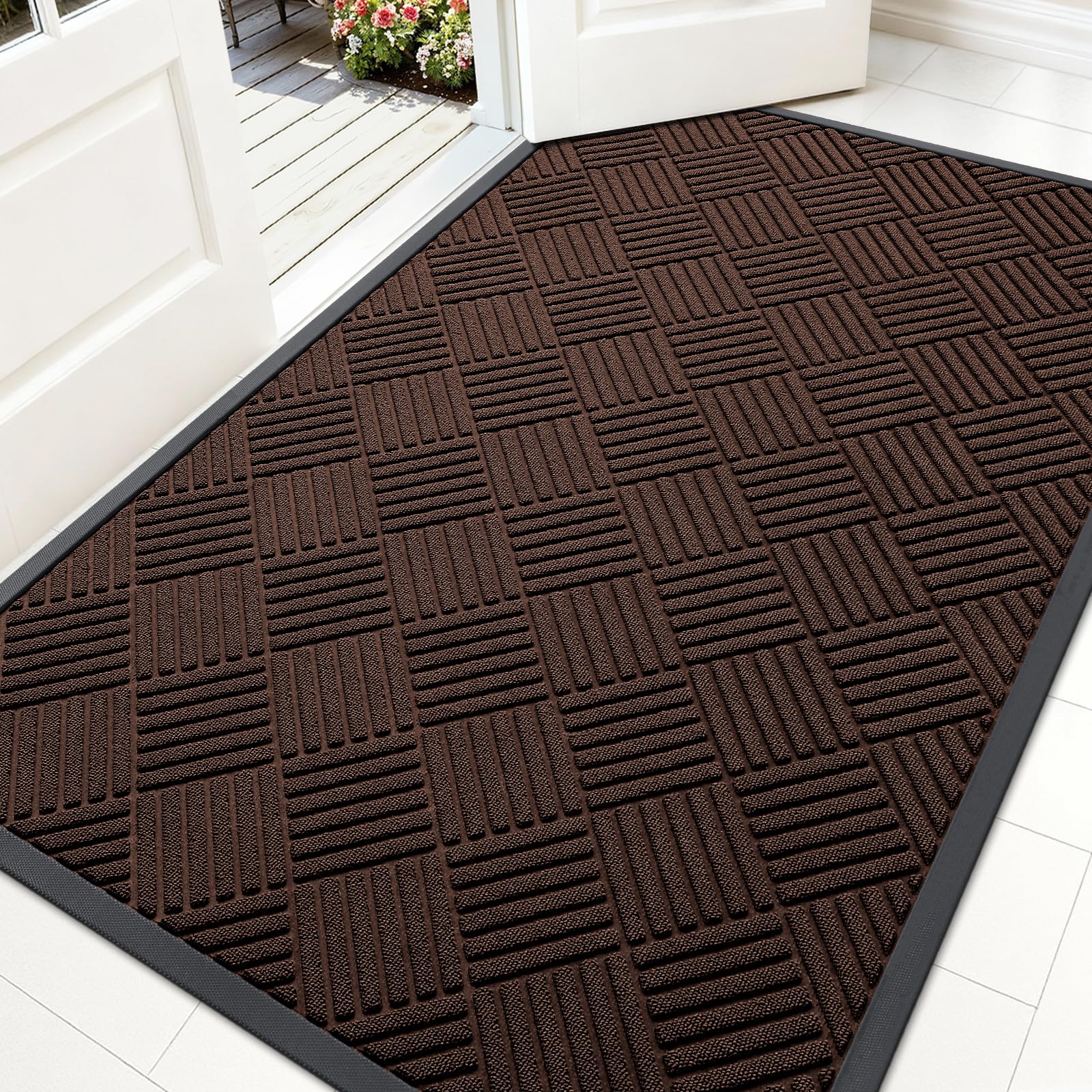 OLANLY Front Door Mat Outside Entrance 29.5x17, Absorbent, Heavy Duty Sturdy Natural Rubber Doormat Indoor Outdoor, Stain and Fade Resistant, Non-Slip Low Profile Floor Mat for Entryway, Grey Diamond