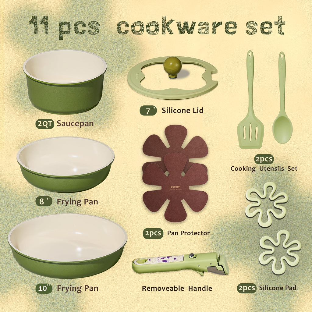 CAROTE Ceramic Pots and Pans Set Non Stick, Nonstick Kitchen Cookware Sets with Lid, Detachable Handle Sauté Pan Set, Non Toxic Frying Pan, Oven Safe, Induction Ready, Cream White