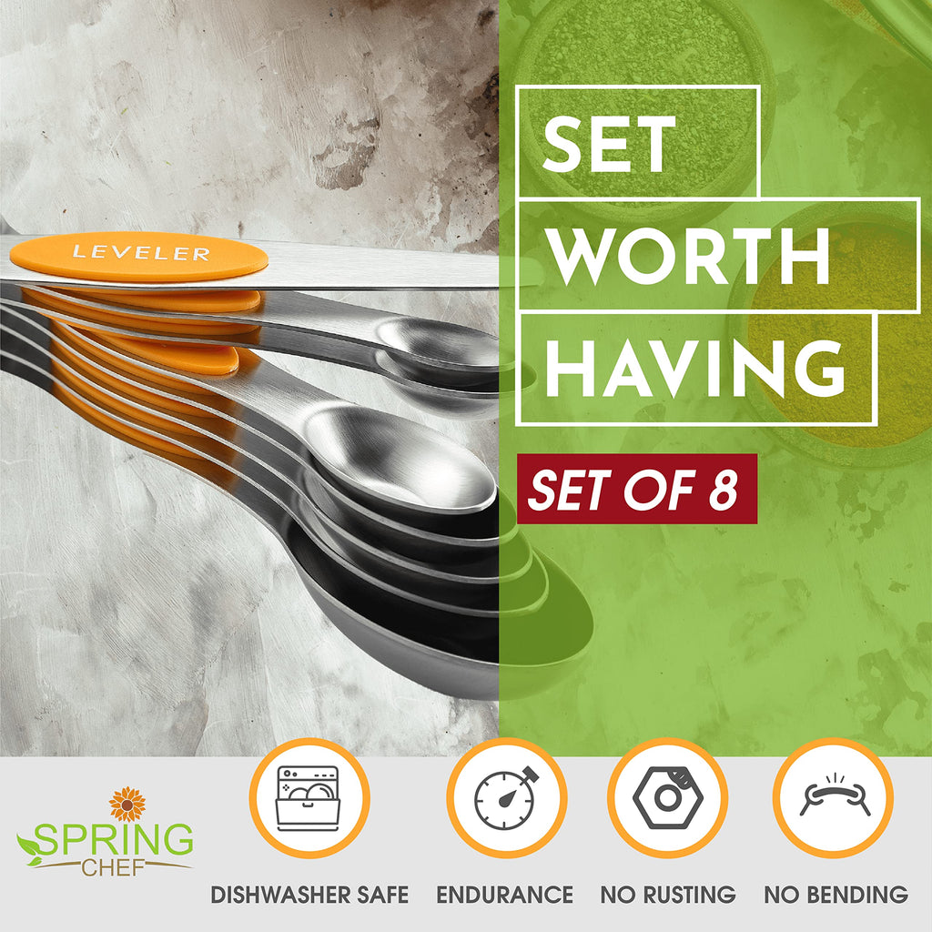 Spring Chef Stainless Steel Magnetic Measuring Spoons Set with Strong N45 Magnets, Heavy Duty Metal Kitchen Gadgets for Baking & Cooking, Fits in Most Kitchen Spice Jars, Set of 8 with Leveler, Black