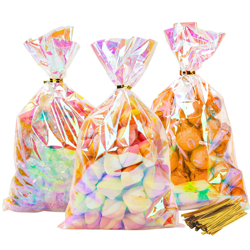 NPLUX Cellophane Treat Bags,Plastic Iridescent Party Favor Bags Clear Candy Bags with Twist Ties for Gift, Cookies, Snacks(100PACK, 6x10inch)