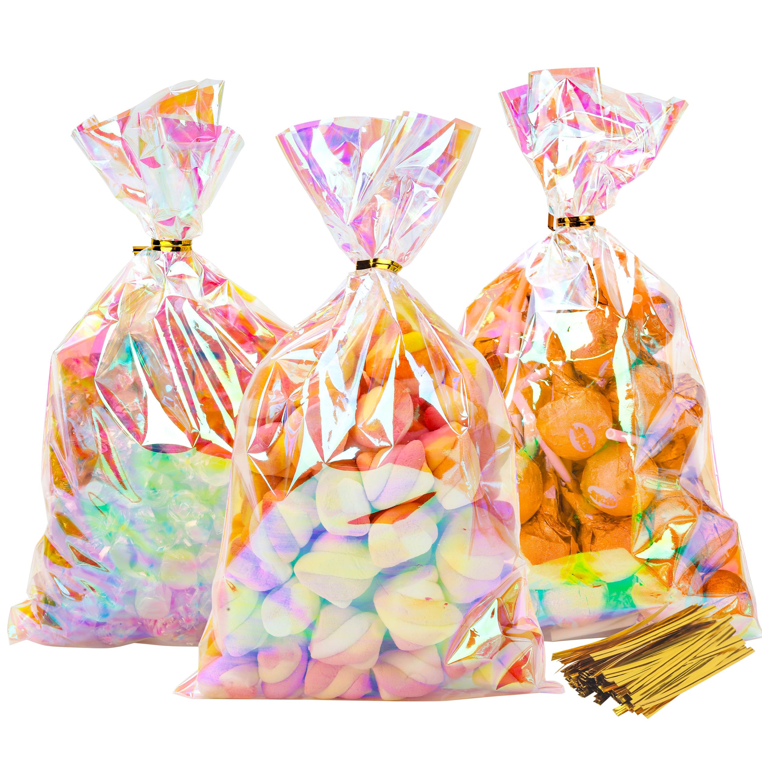 NPLUX Cellophane Treat Bags,Plastic Iridescent Party Favor Bags Clear Candy Bags with Twist Ties for Gift, Cookies, Snacks(100PACK, 6x10inch)