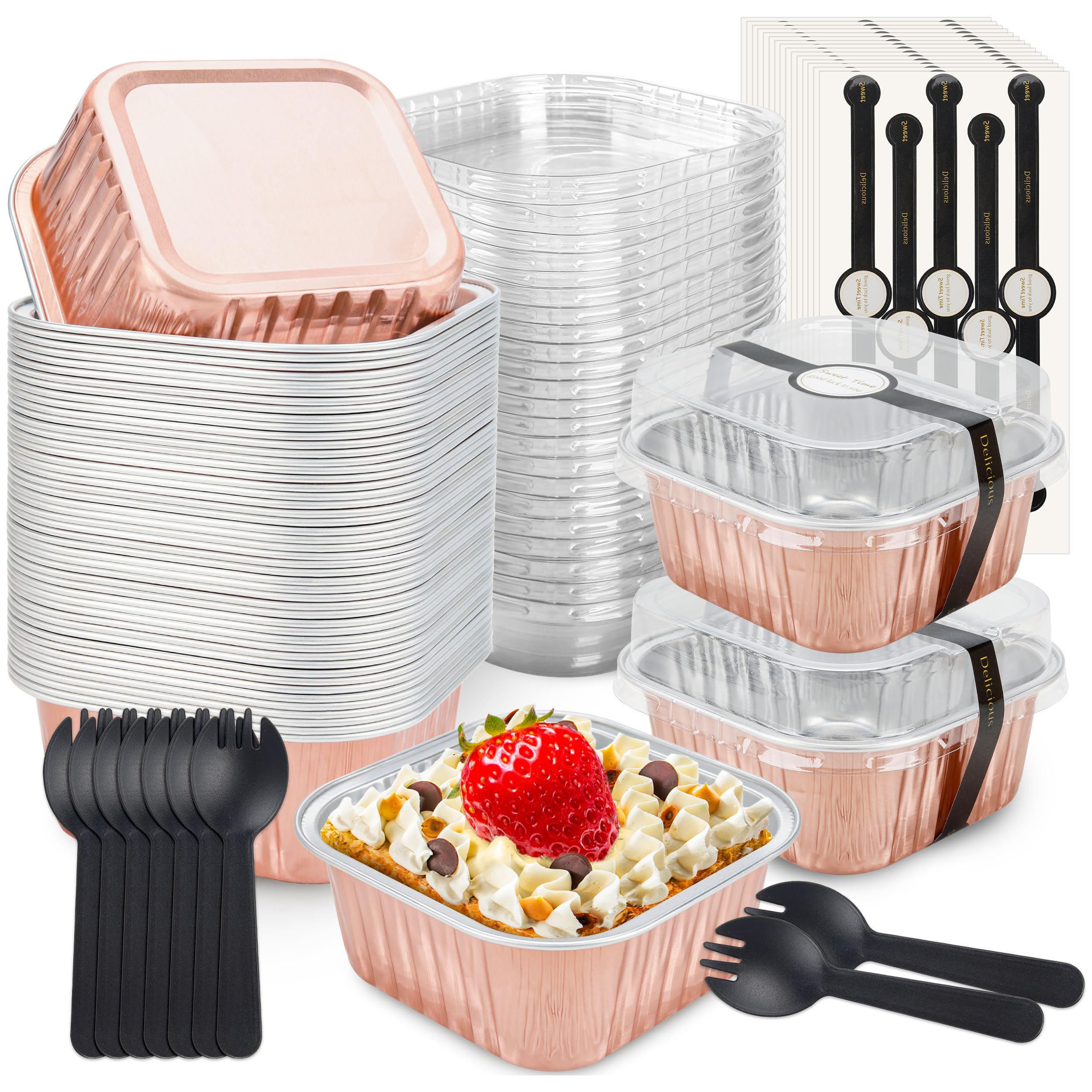 50 Pcs Mini Cake Pans with Lids and Spoons Aluminum Foil Mini Square Baking Cups with Lids Disposable Ramekins Cake Pans Dessert Cups for Wedding Birthday Party(Pink,5oz)