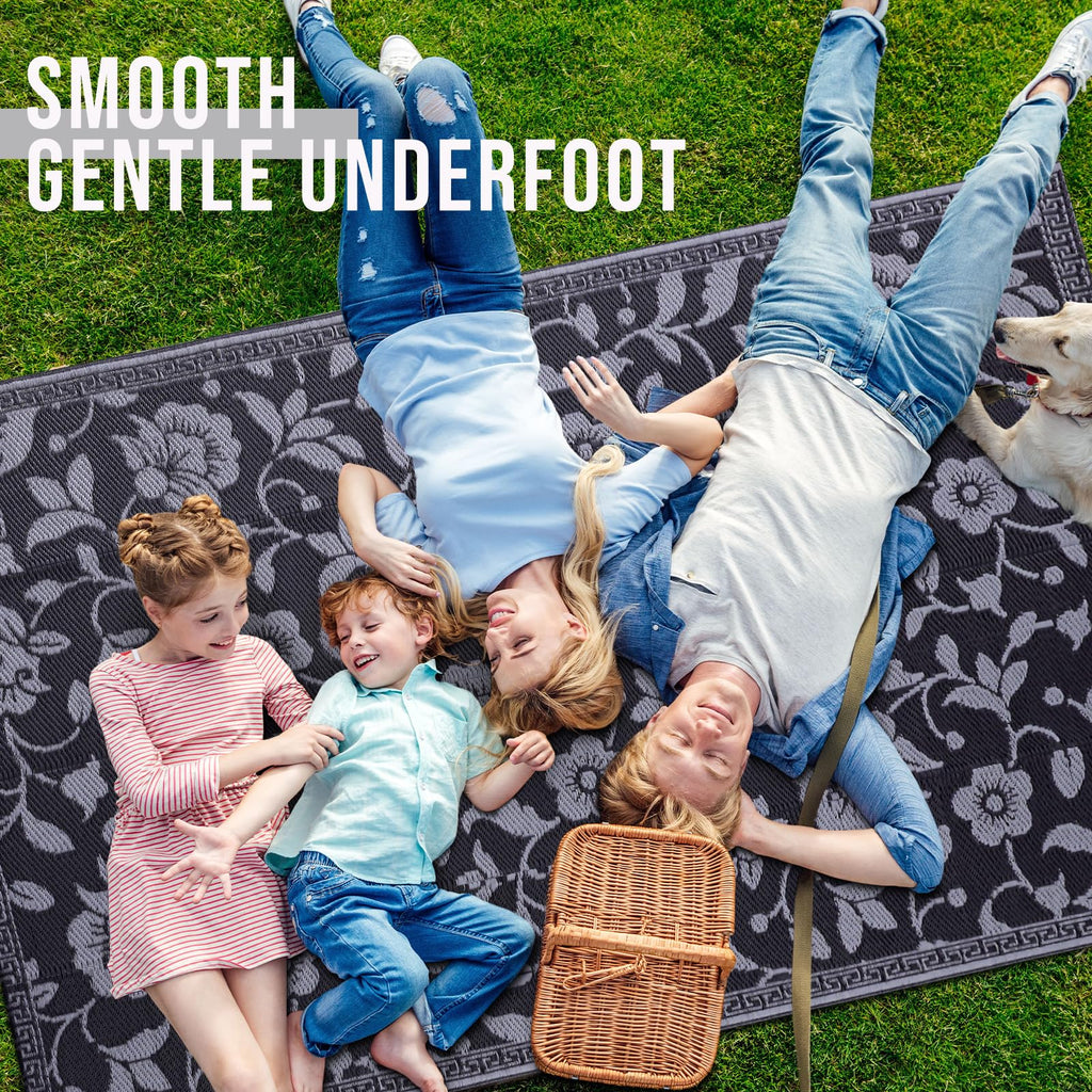 OLANLY Waterproof Outdoor Rug 5x8 ft, Outdoor Plastic Straw Rug with Flower Pattern, Reversible RV Mat for Patio, Camping, Balcony, Deck, Backyard, Navy & White