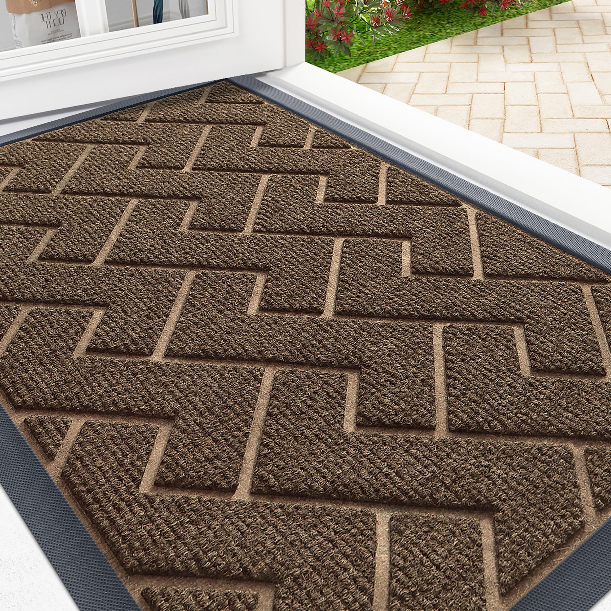 OLANLY Front Door Mat Indoor Outdoor Entrance, Waterproof All-Season, All-Weather Doormat, Sturdy Natural Rubber, Fade Resistant, Low Profile, Easy Clean Patio Porch Entryway Mat, 29.5x17, Black