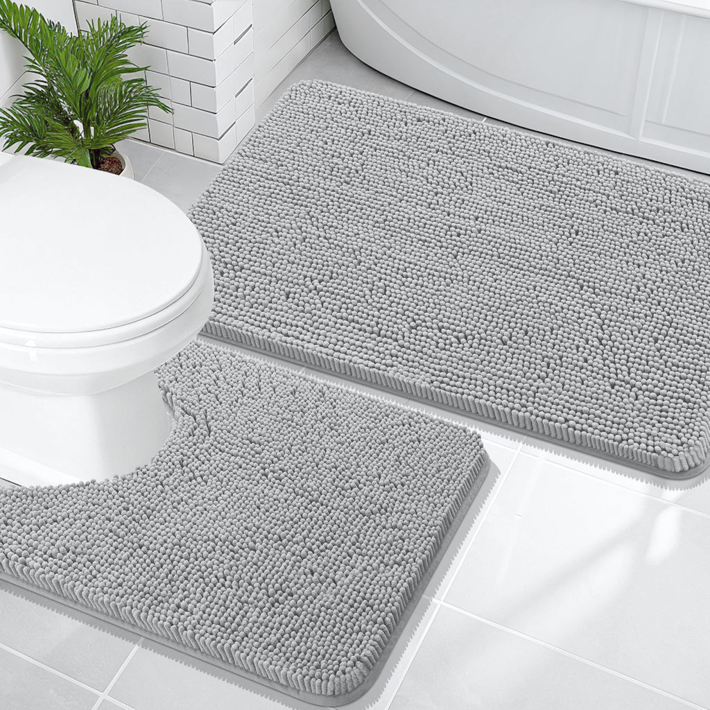 OLANLY Bathroom Rugs Sets 2 Piece, Soft Absorbent Chenille Bath Mats and U-Shaped Contour Toilet Mat Area Rug Set, Machine Washable Bath Carpet, Home Decor Accessories(30"x20"+24"x20", Grey)