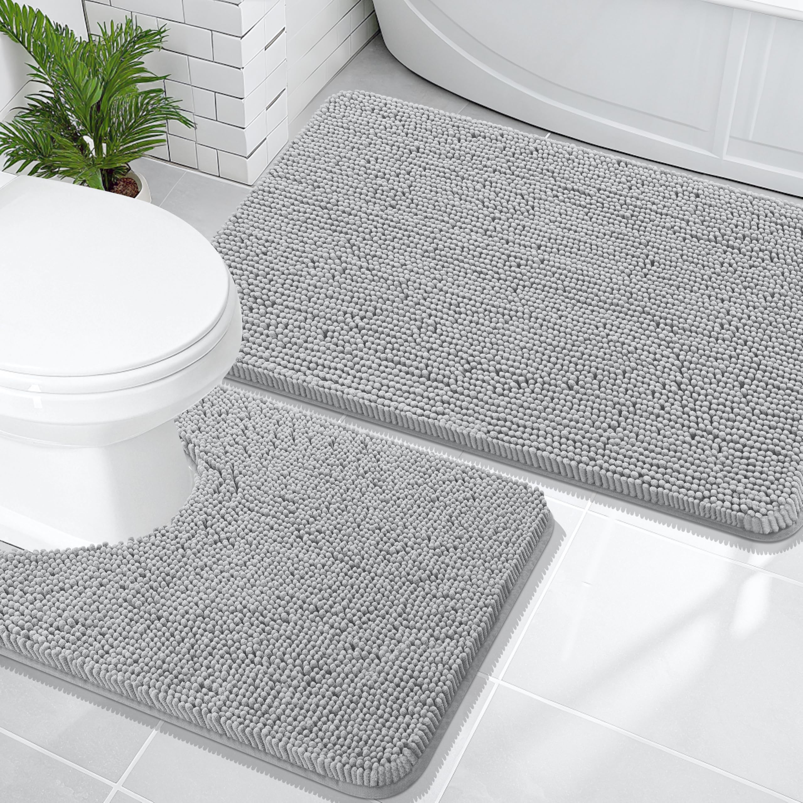 OLANLY Bathroom Rugs Sets 2 Piece, Soft Absorbent Chenille Bath Mats and U-Shaped Contour Toilet Mat Area Rug Set, Machine Washable Bath Carpet, Home Decor Accessories(30"x20"+24"x20", Grey)