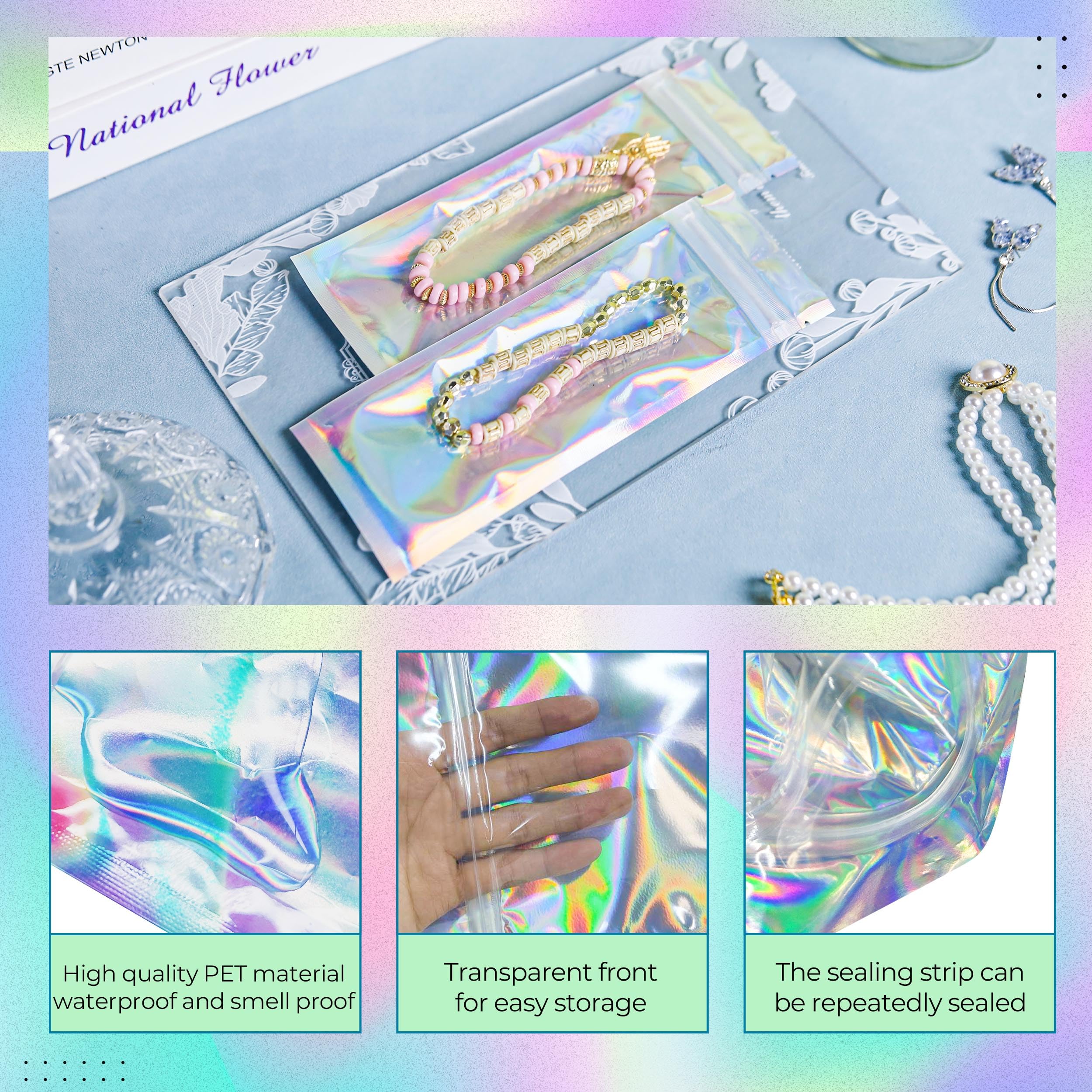 Holographic Mylar Bags Resealable Smell Proof Bags for lip gloss, Jewelry, Lash Candy and More - Small Business Packaging Supplies(100PACK, 3x9INCH)