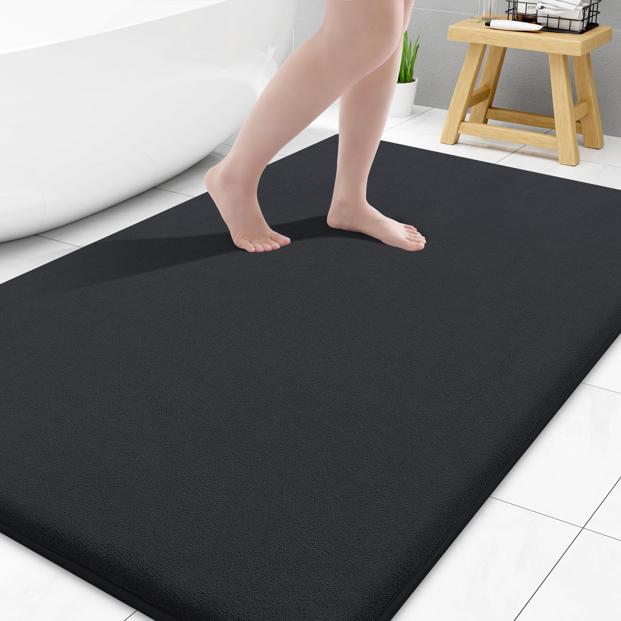 Smiry Memory Foam Bath Mat 30x20, Extra Soft and Absorbent Bathroom Mats, Non Slip Washable Carpet for Floor, Shower and Tub, Black