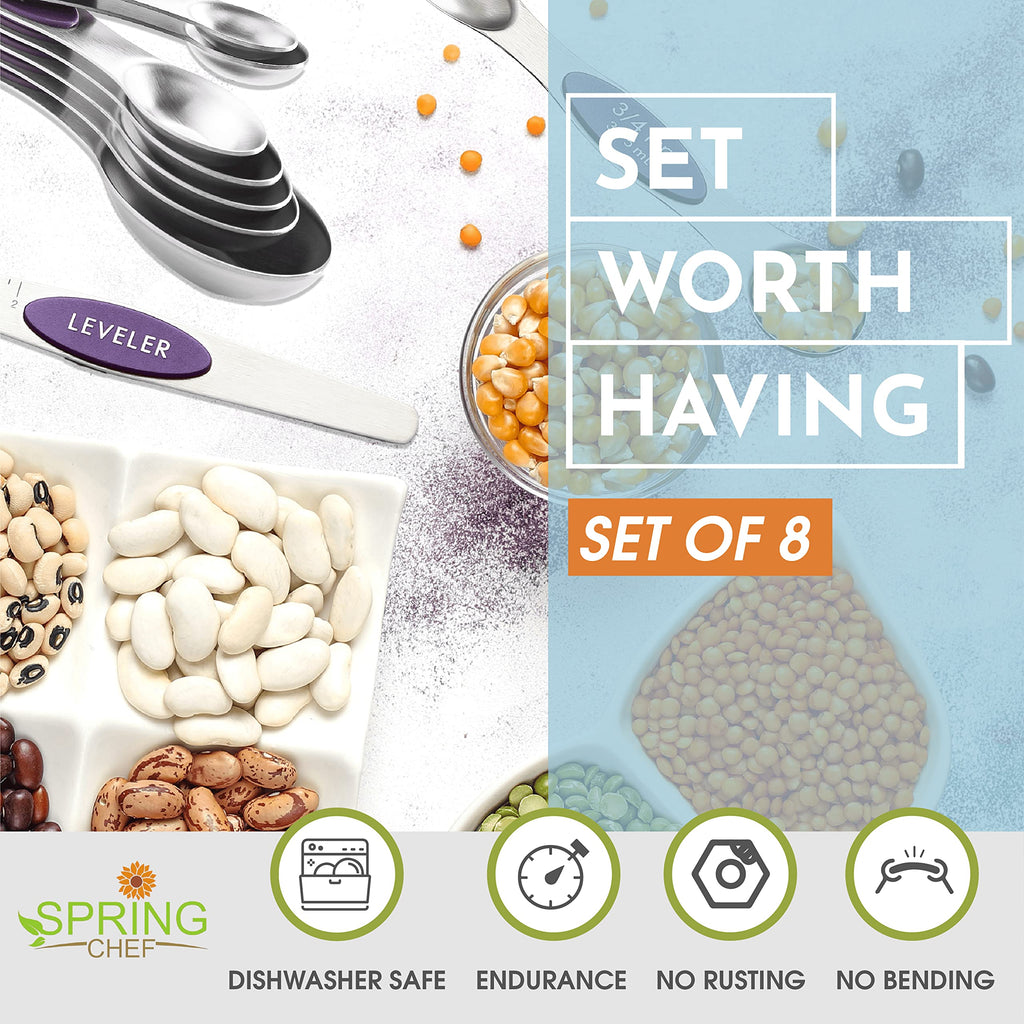 Spring Chef Stainless Steel Magnetic Measuring Spoons Set with Strong N45 Magnets, Heavy Duty Metal Kitchen Gadgets for Baking & Cooking, Fits in Most Kitchen Spice Jars, Set of 8 with Leveler, Black