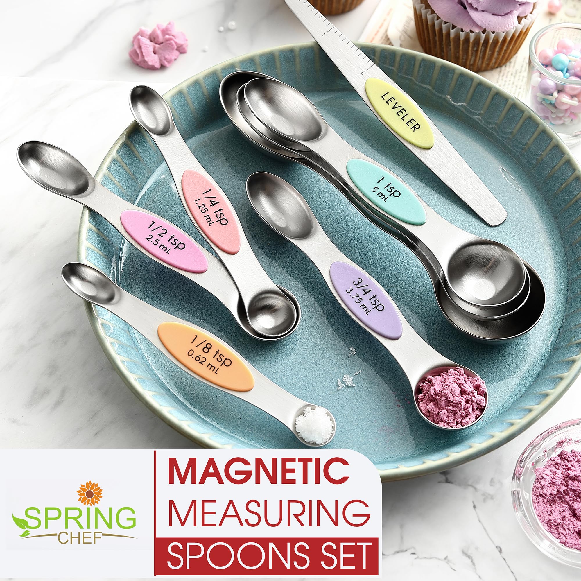 Spring Chef Stainless Steel Magnetic Measuring Spoons Set with Strong N45 Magnets, Heavy Duty Metal Kitchen Gadgets for Baking & Cooking, Fits in Most Kitchen Spice Jars, Set of 8 with Leveler, Black