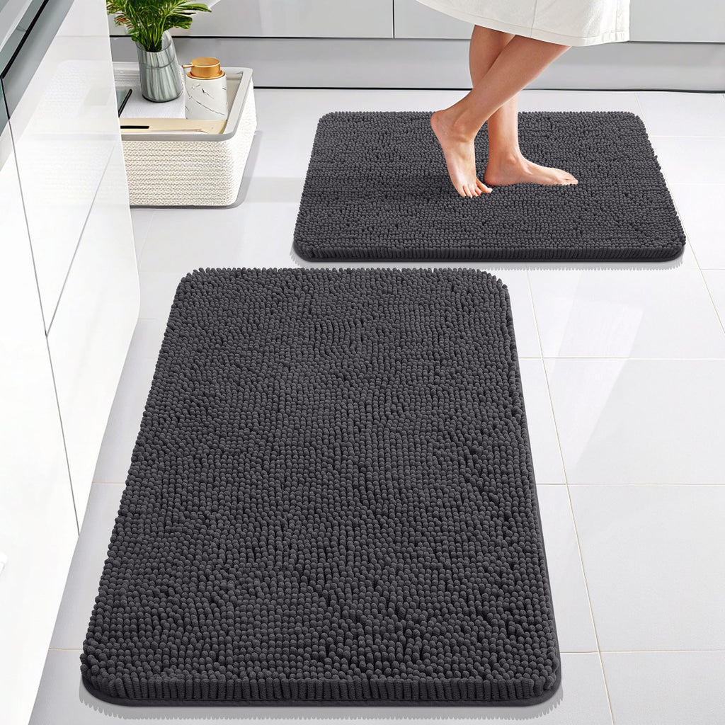 OLANLY Bathroom Rugs Sets 2 Piece, Soft Absorbent Chenille Bath Mats and U-Shaped Contour Toilet Mat Area Rug Set, Machine Washable Bath Carpet, Home Decor Accessories(30"x20"+24"x20", Grey)