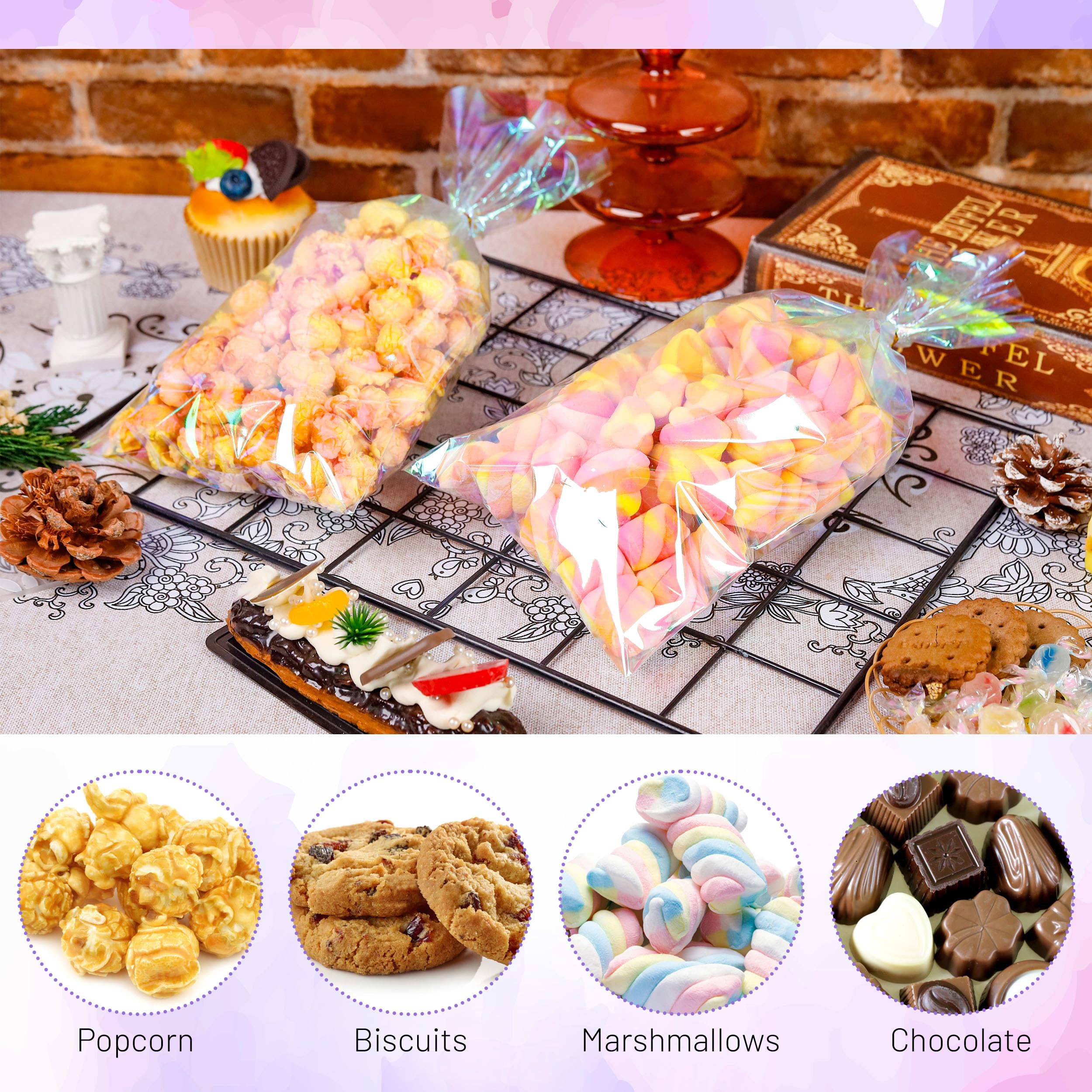NPLUX Cellophane Treat Bags,Plastic Iridescent Party Favor Bags Clear Candy Bags with Twist Ties for Gift, Cookies, Snacks(100PACK, 6x10inch)