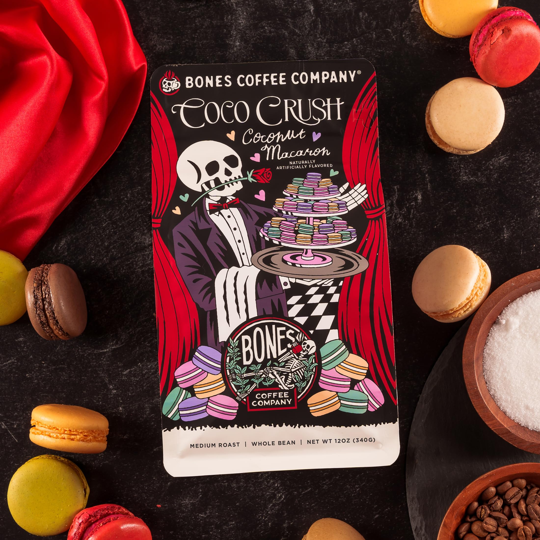 Bones Coffee Company Cinnamon Roll Flavored Coffee, Medium Roast Low Acid Arabica Beans Compatible with Auto drip and French Press Coffee Maker, 12 Oz Whole Bean