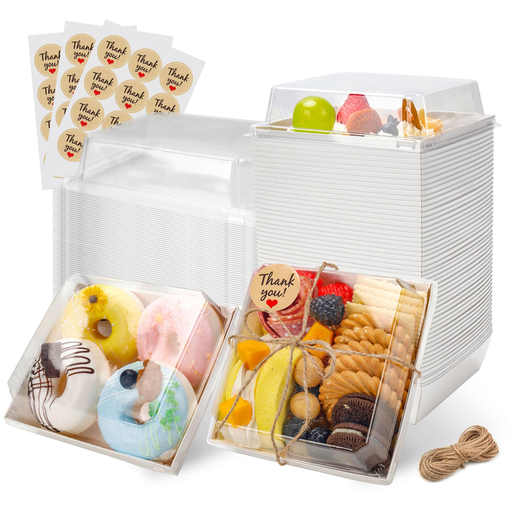 Disposable Charcuterie Boxes with Clear Lid, Food Boxes for Cold&Room Temperature Foods,Grease-Resistant Bakery Packaging for Pastry & Takeout Use 5.3x4.9x2.5INCH(50 Pack,Brown)
