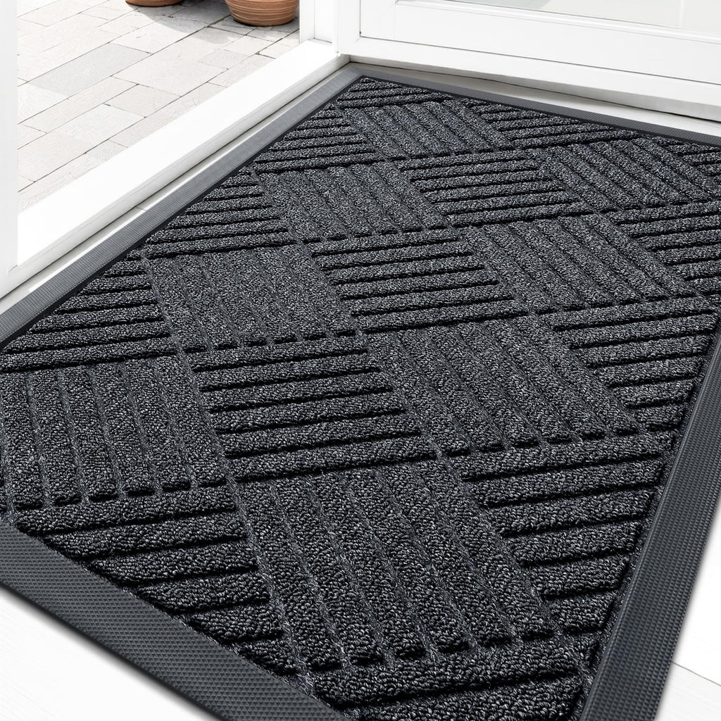 OLANLY Front Door Mat Outside Entrance 29.5x17, Absorbent, Heavy Duty Sturdy Natural Rubber Doormat Indoor Outdoor, Stain and Fade Resistant, Non-Slip Low Profile Floor Mat for Entryway, Grey Diamond