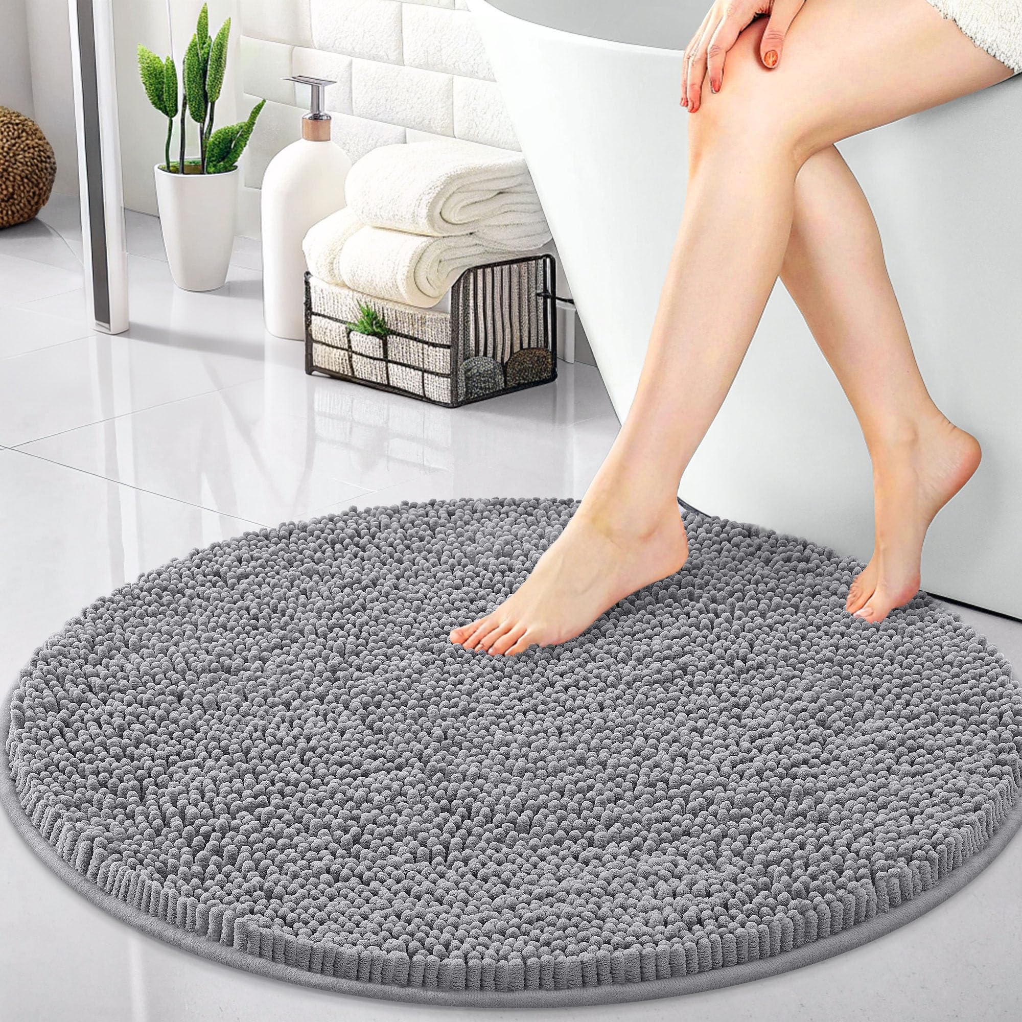 OLANLY 30-inch Round Bathroom Rugs, Extra Soft and Absorbent Chenille Bath Rugs, Quick Dry Machine Washable Bath Mats for Bathroom Floor, Tub and Shower, Home Decor Accessories, Grey