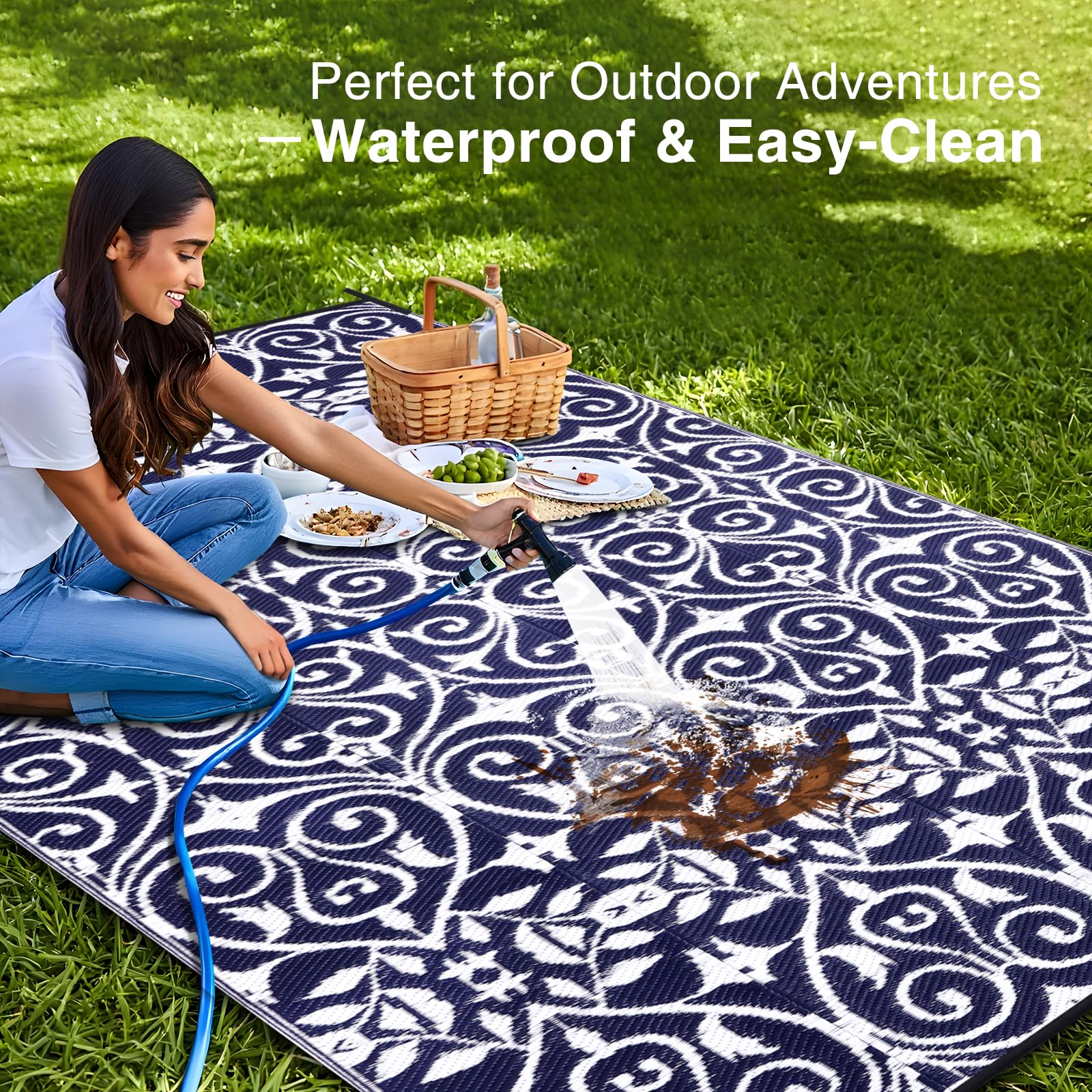 OLANLY Outdoor Rug 5x8 ft Waterproof, Reversible Outdoor Plastic Straw Rug, RV Mat, Indoor Outdoor Carpet Clearance for Patio, Camping, Balcony, Deck, Backyard, Grey & White