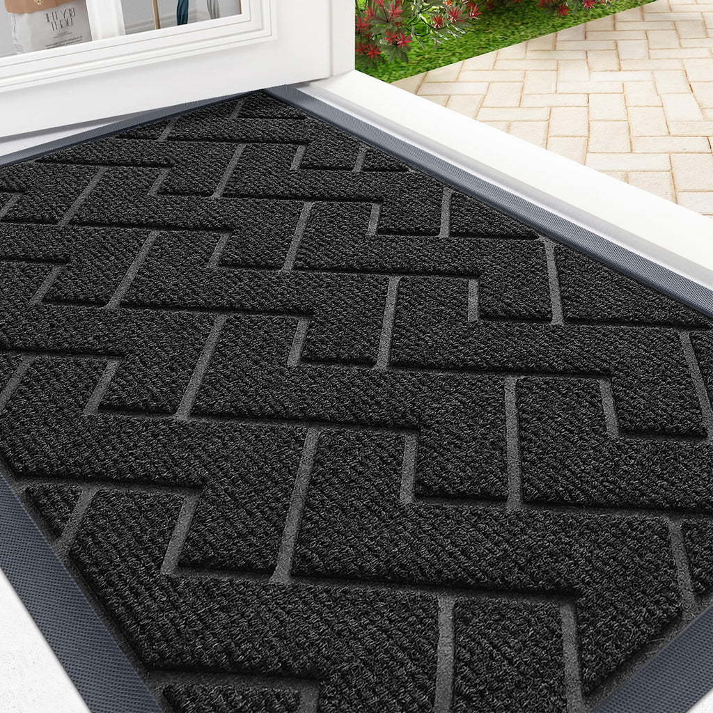 OLANLY Front Door Mat Indoor Outdoor Entrance, Waterproof All-Season, All-Weather Doormat, Sturdy Natural Rubber, Fade Resistant, Low Profile, Easy Clean Patio Porch Entryway Mat, 29.5x17, Black