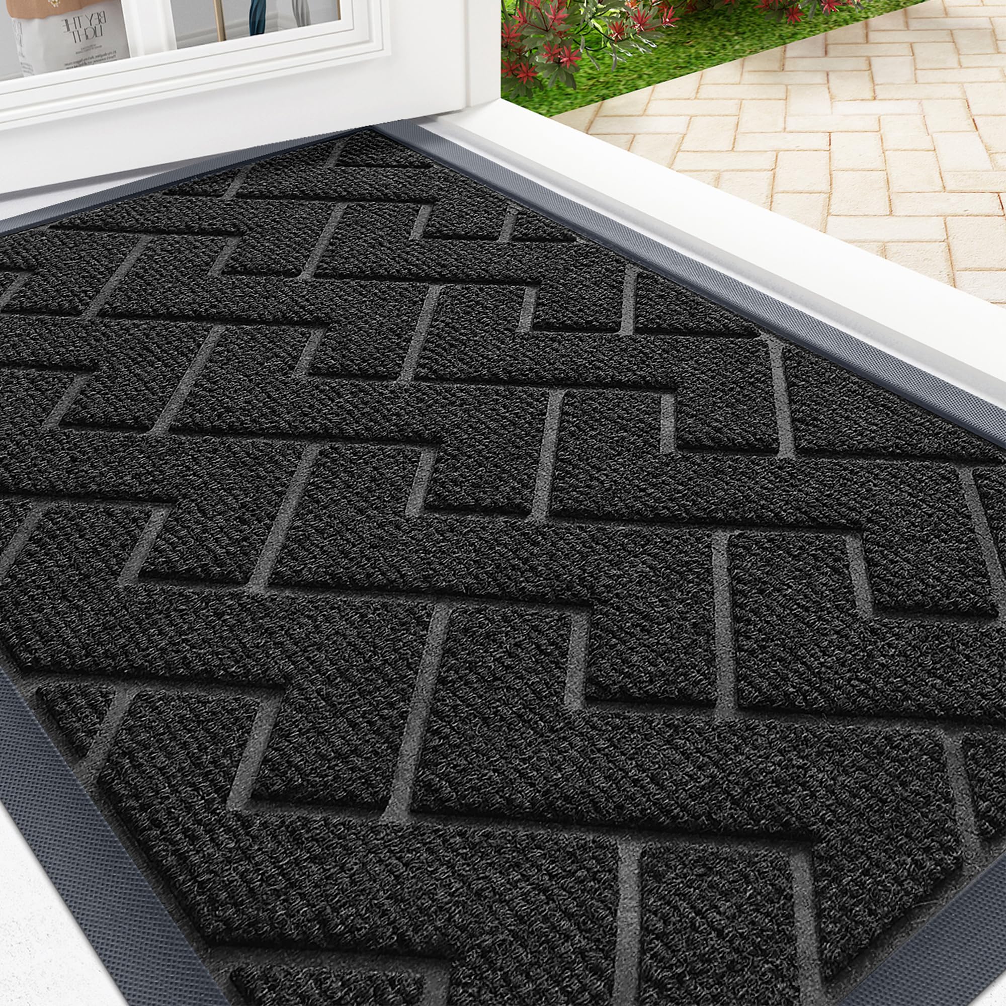 OLANLY Front Door Mat Indoor Outdoor Entrance, Waterproof All-Season, All-Weather Doormat, Sturdy Natural Rubber, Fade Resistant, Low Profile, Easy Clean Patio Porch Entryway Mat, 29.5x17, Black